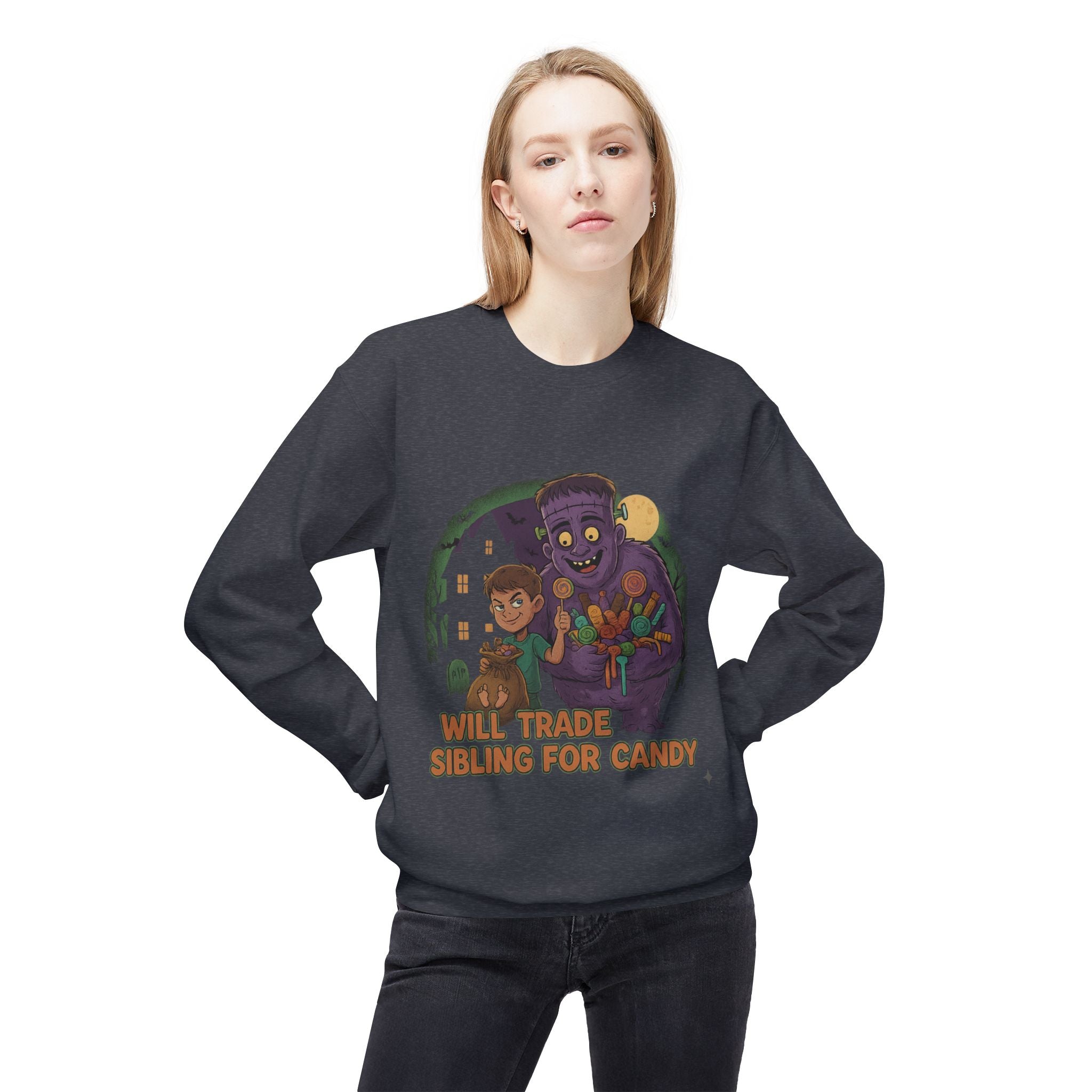 Will Trade Sibling for Candy 1 - Crewneck Unisex Sweatshirt - Cozy Halloween Apparel