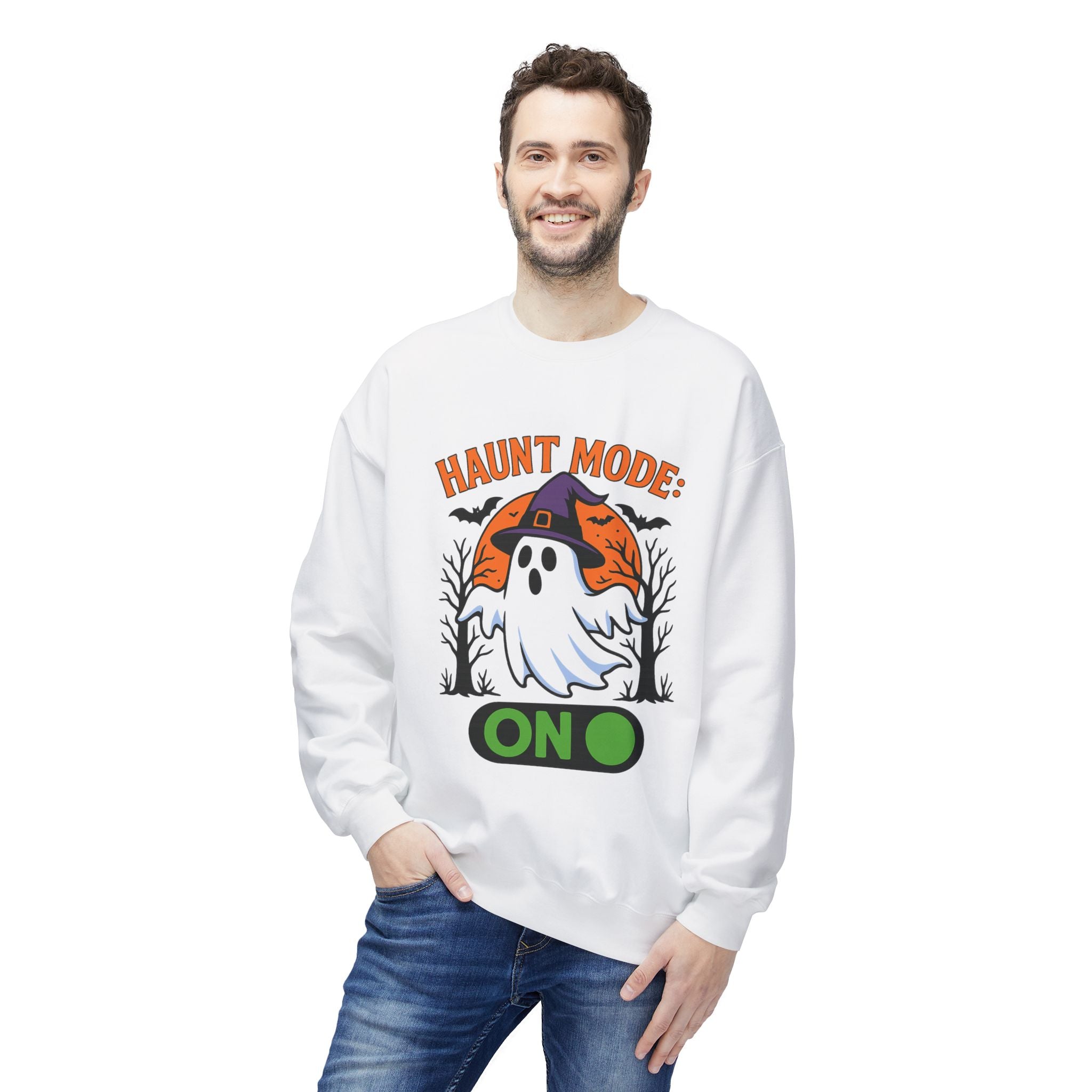 Haunt Mode ON 3_White - Crewneck Unisex Sweatshirt - Cozy Halloween Apparel