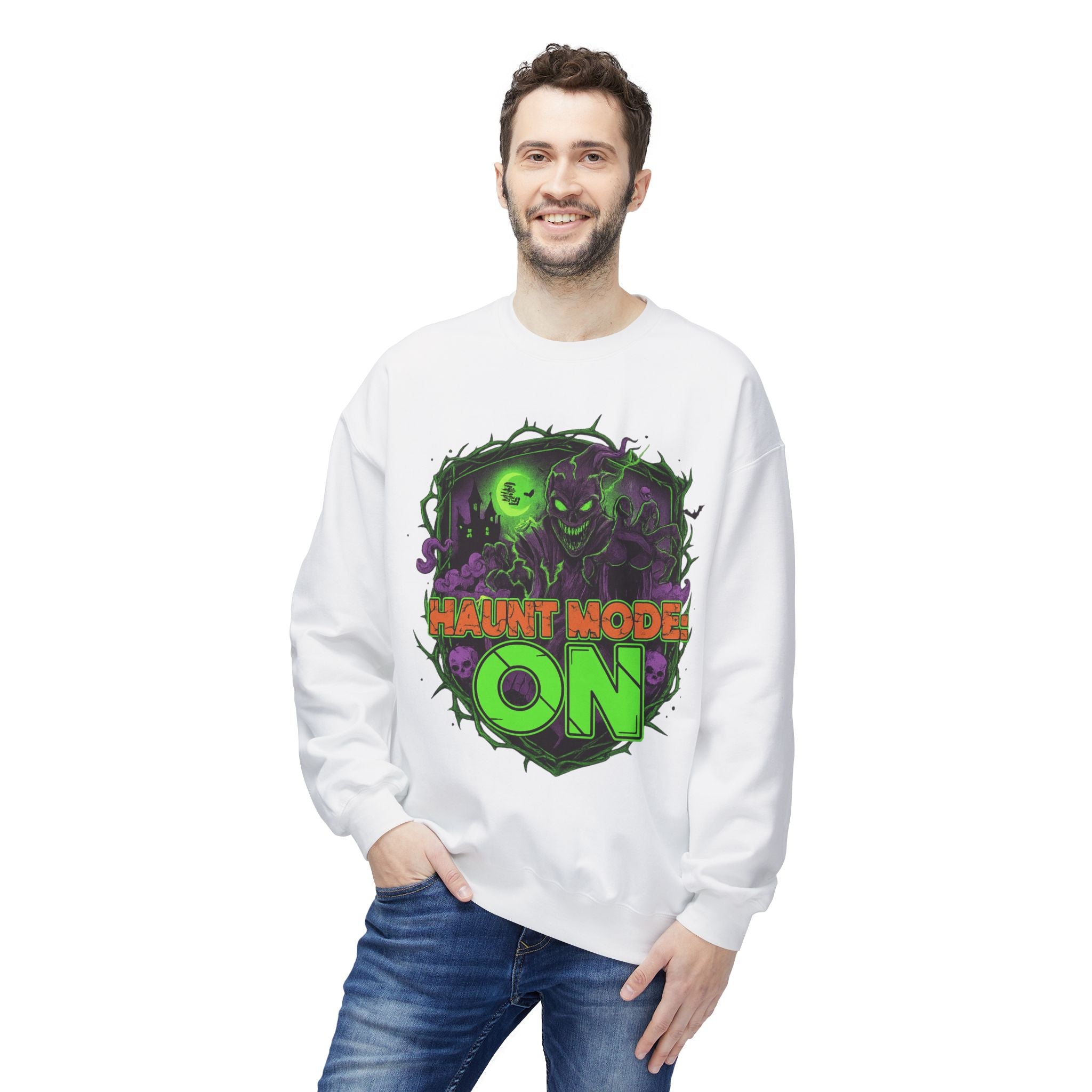 Haunt Mode ON 1 - Crewneck Unisex Sweatshirt - Cozy Halloween Apparel