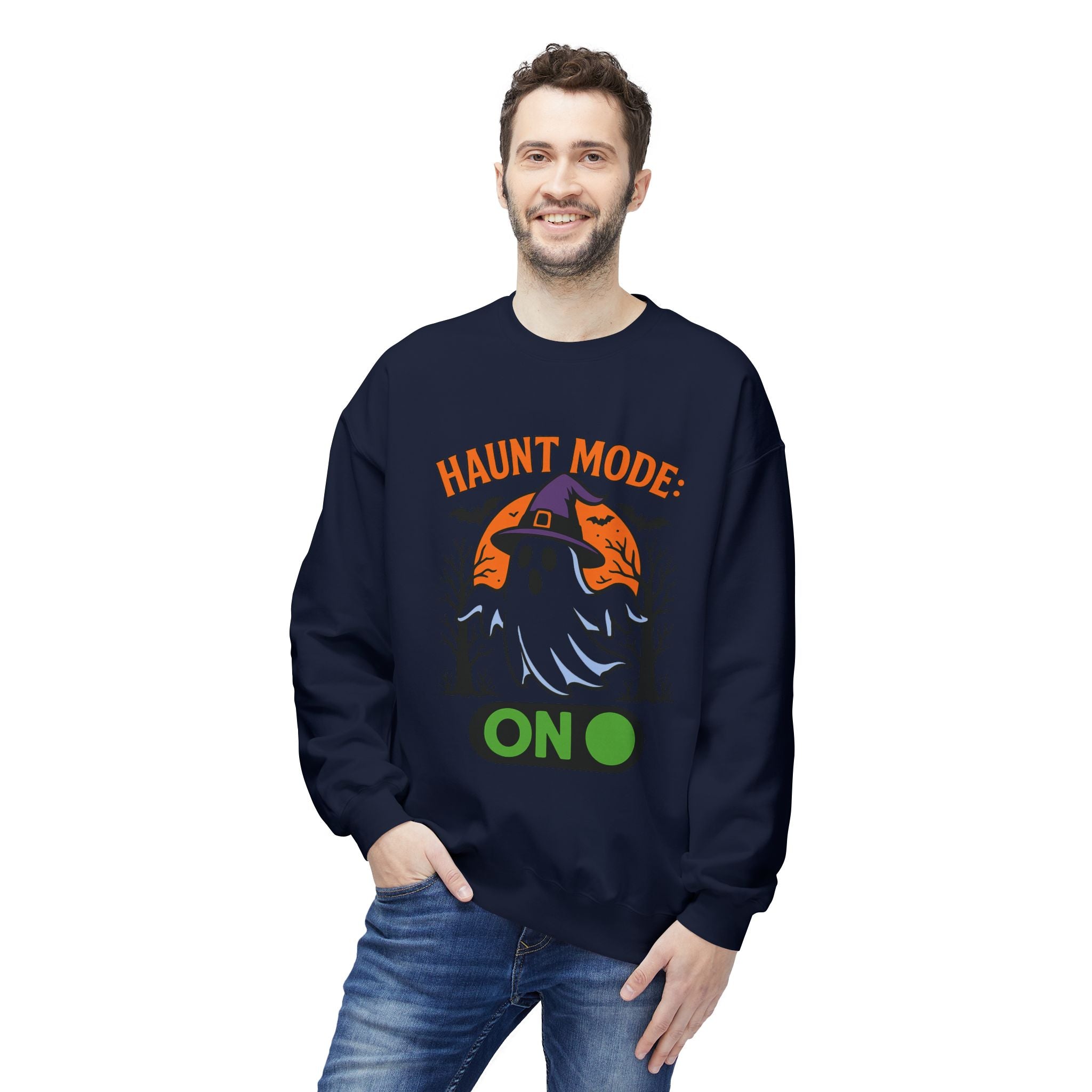 Haunt Mode ON 3_White - Crewneck Unisex Sweatshirt - Cozy Halloween Apparel