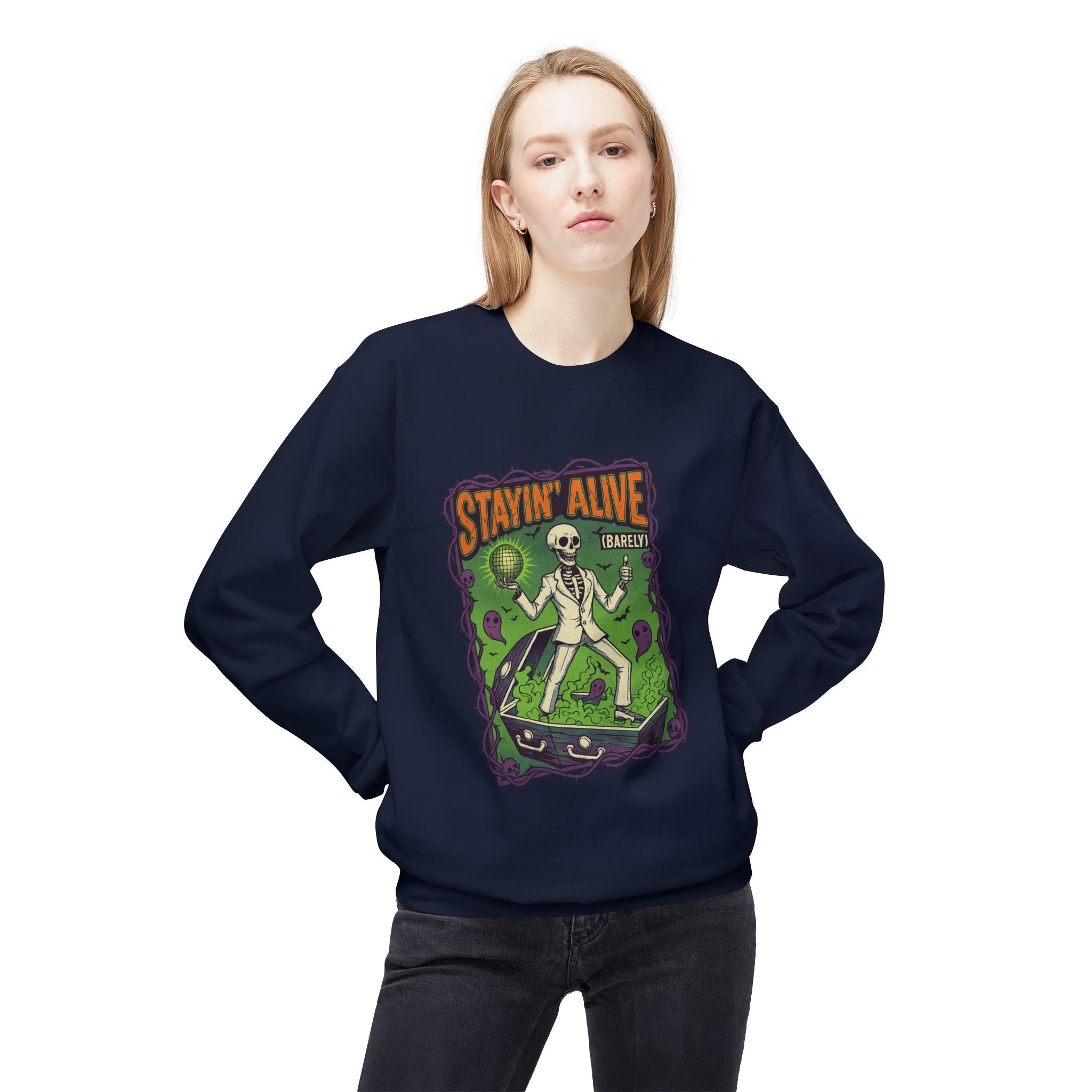 Stayin’ Alive (Barely) 1 - Crewneck Unisex Sweatshirt - Cozy Halloween Apparel