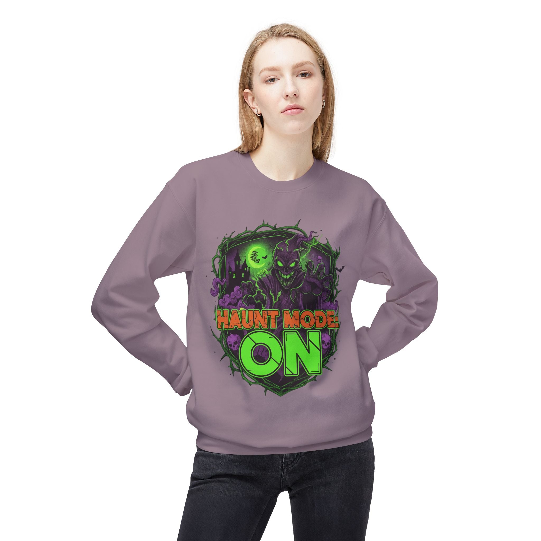Haunt Mode ON 1 - Crewneck Unisex Sweatshirt - Cozy Halloween Apparel
