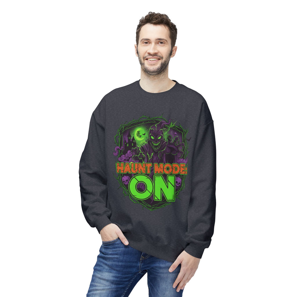 Haunt Mode ON 1 - Crewneck Unisex Sweatshirt - Cozy Halloween Apparel