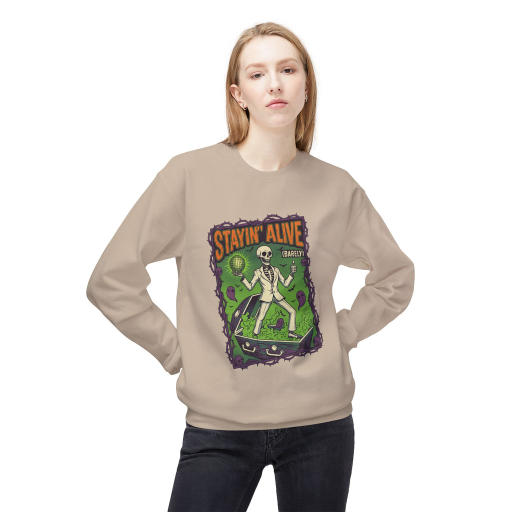 Stayin’ Alive (Barely) 1 - Crewneck Unisex Sweatshirt - Cozy Halloween Apparel