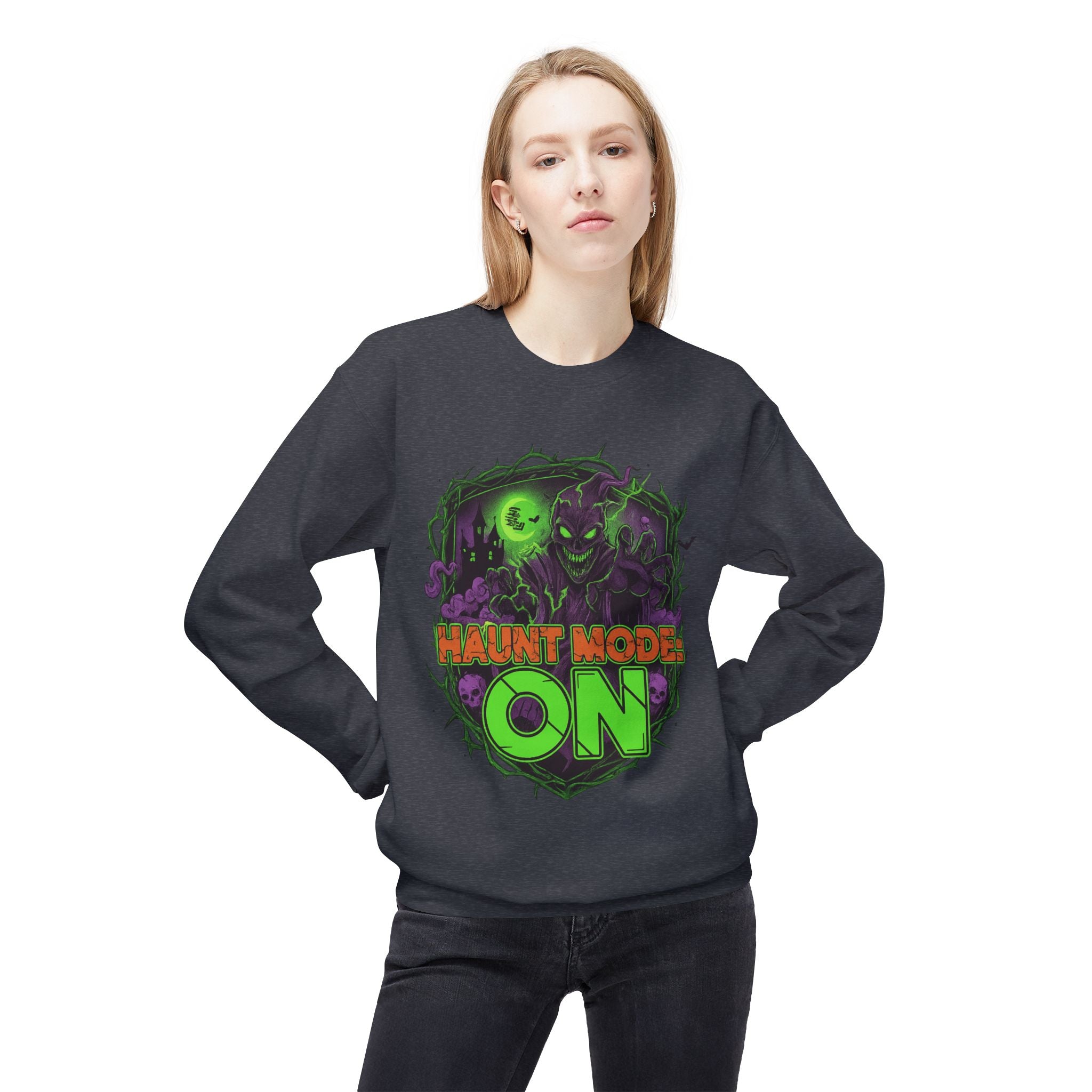 Haunt Mode ON 1 - Crewneck Unisex Sweatshirt - Cozy Halloween Apparel