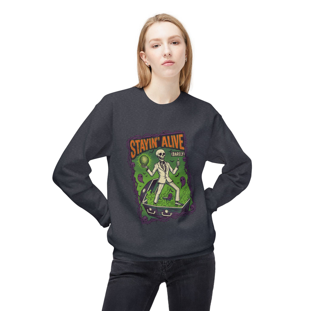 Stayin’ Alive (Barely) 1 - Crewneck Unisex Sweatshirt - Cozy Halloween Apparel