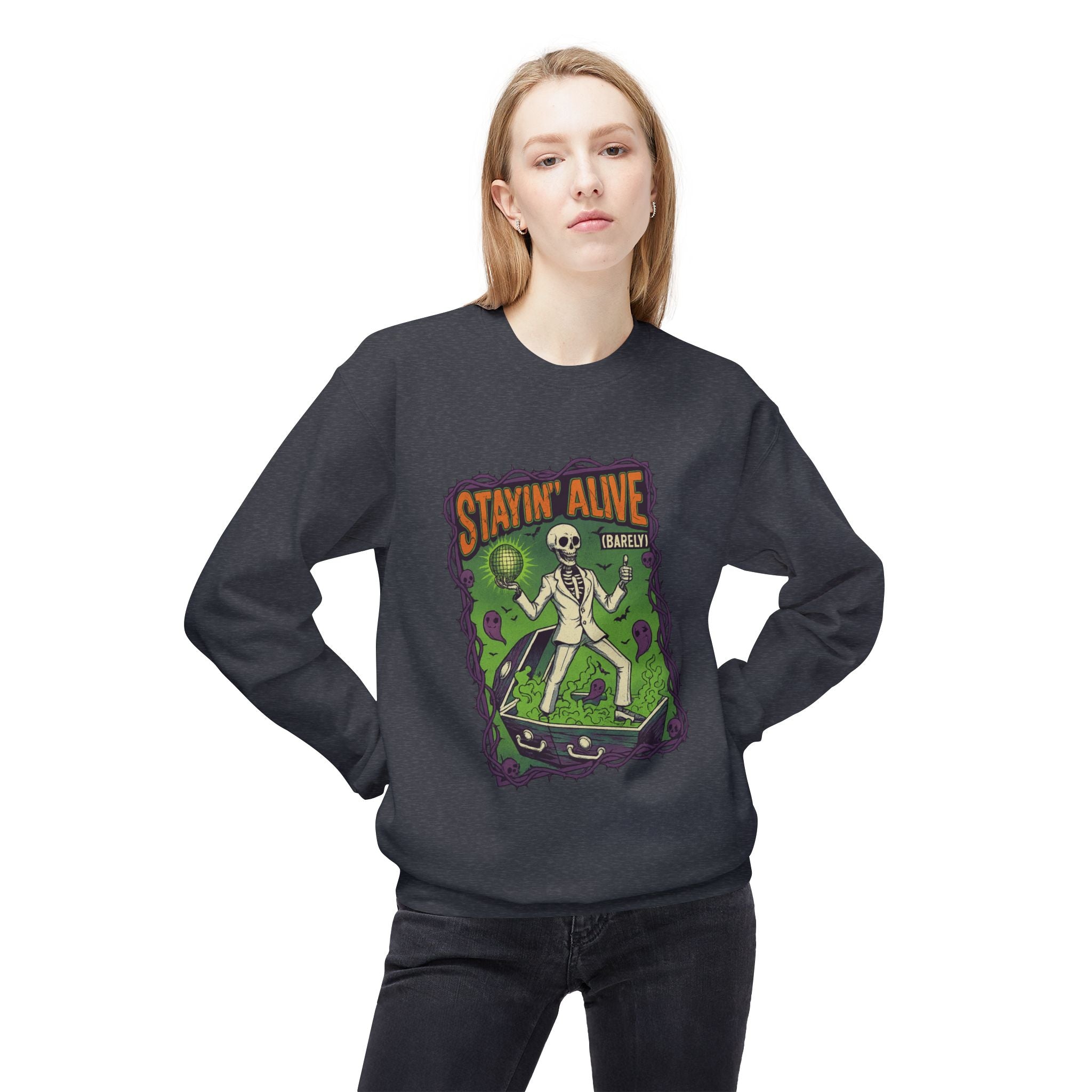 Stayin’ Alive (Barely) 1 - Crewneck Unisex Sweatshirt - Cozy Halloween Apparel