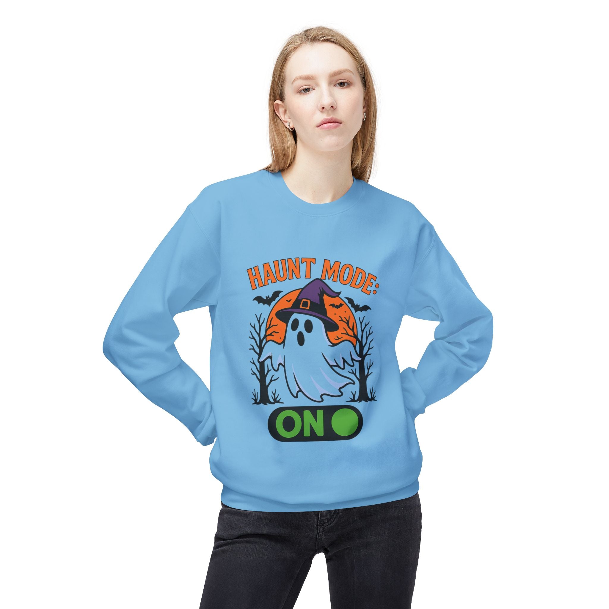 Haunt Mode ON 3_White - Crewneck Unisex Sweatshirt - Cozy Halloween Apparel