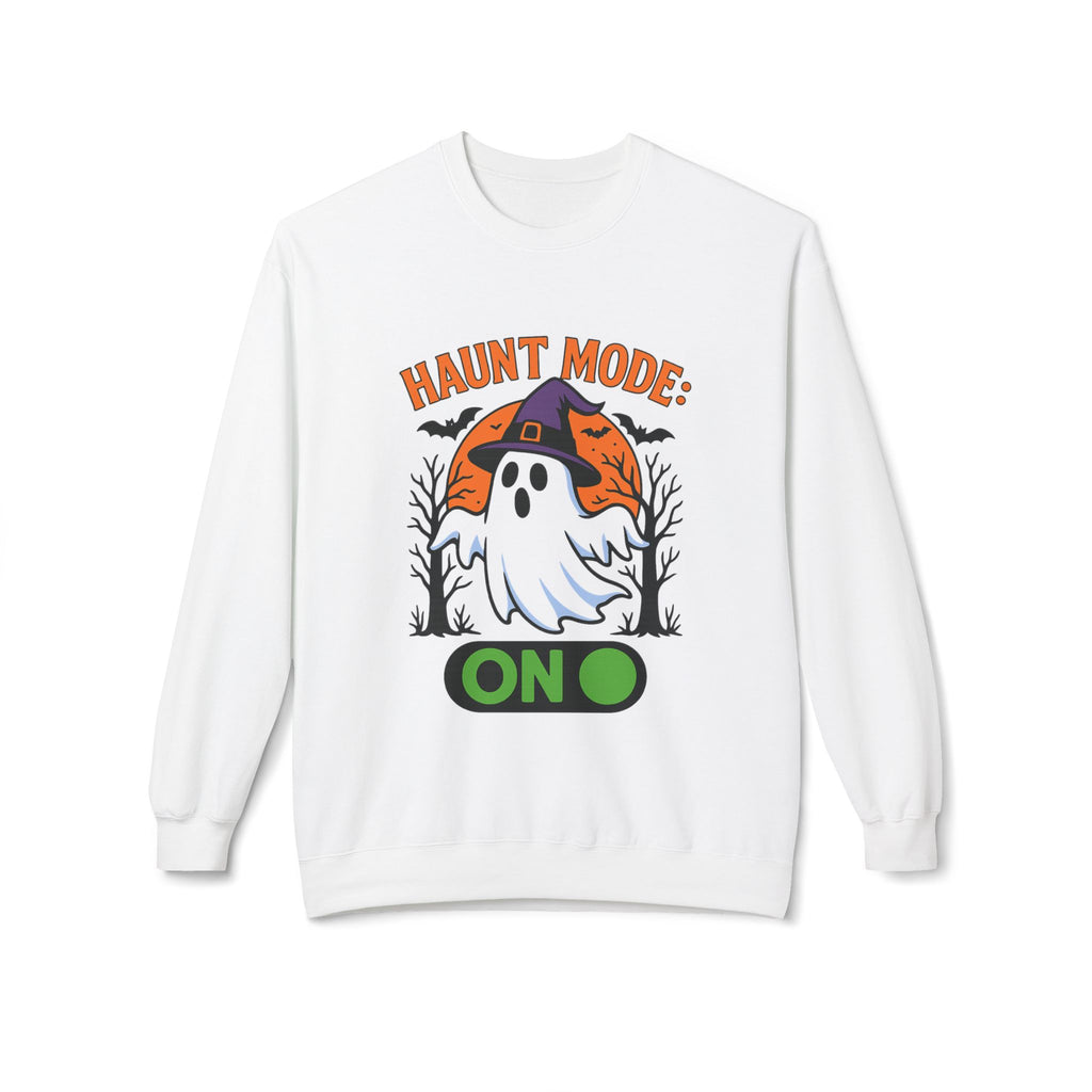 Haunt Mode ON 3_White - Crewneck Unisex Sweatshirt - Cozy Halloween Apparel