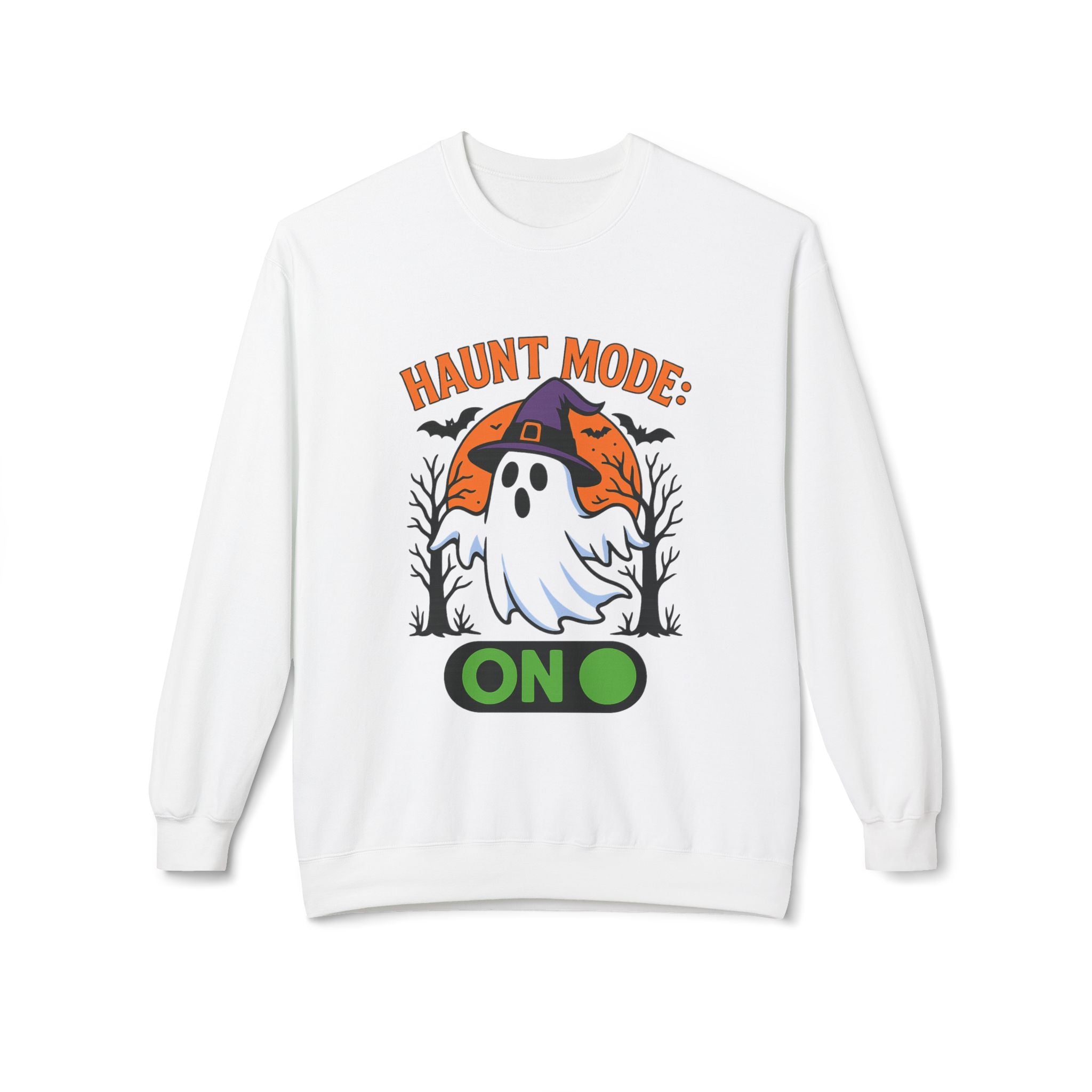 Haunt Mode ON 3_White - Crewneck Unisex Sweatshirt - Cozy Halloween Apparel