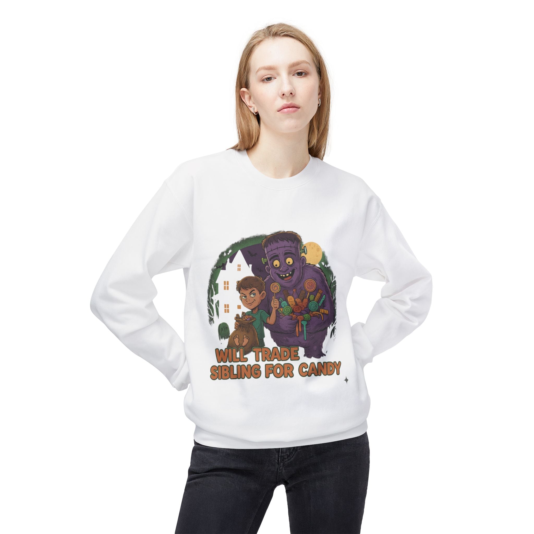 Will Trade Sibling for Candy 1 - Crewneck Unisex Sweatshirt - Cozy Halloween Apparel