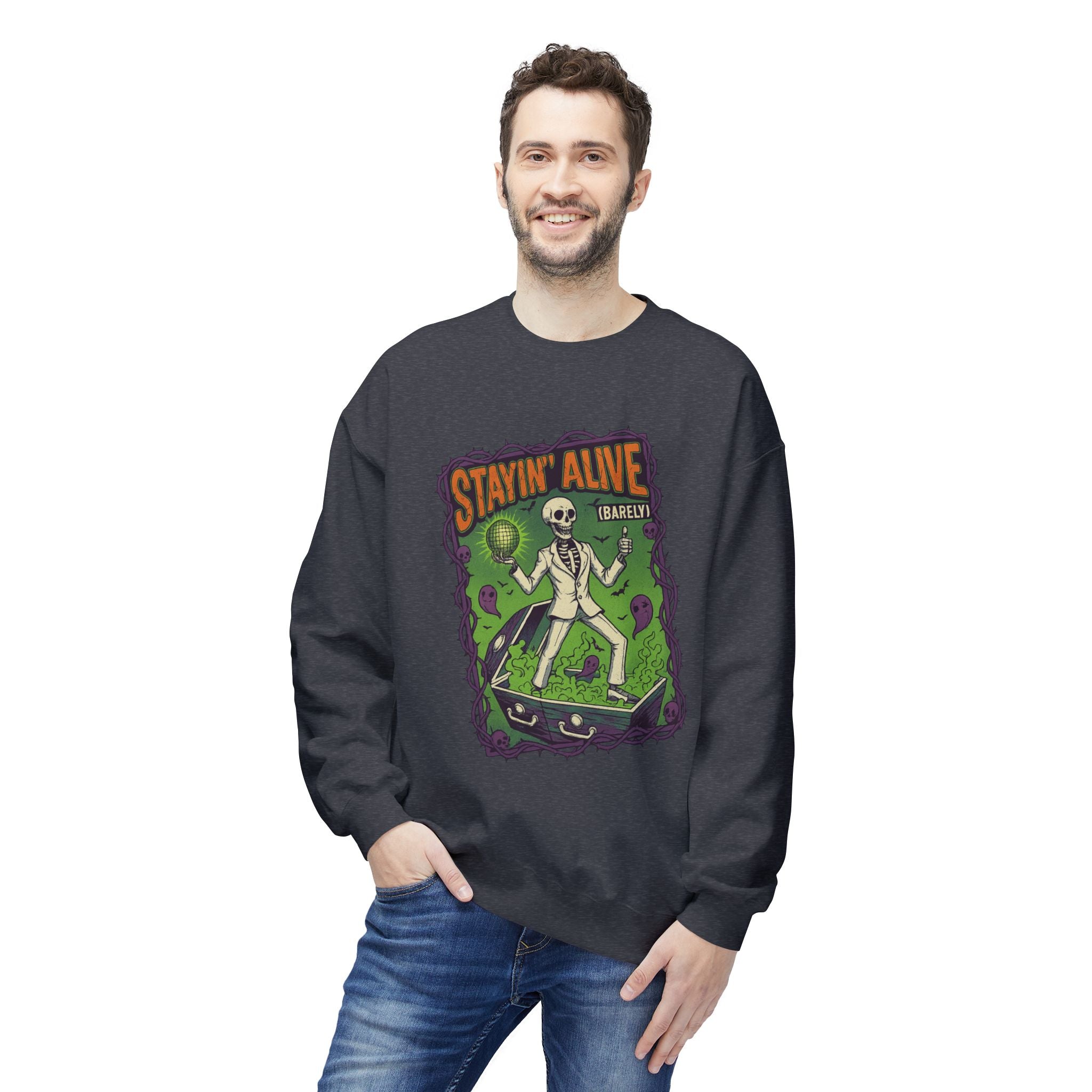 Stayin’ Alive (Barely) 1 - Crewneck Unisex Sweatshirt - Cozy Halloween Apparel