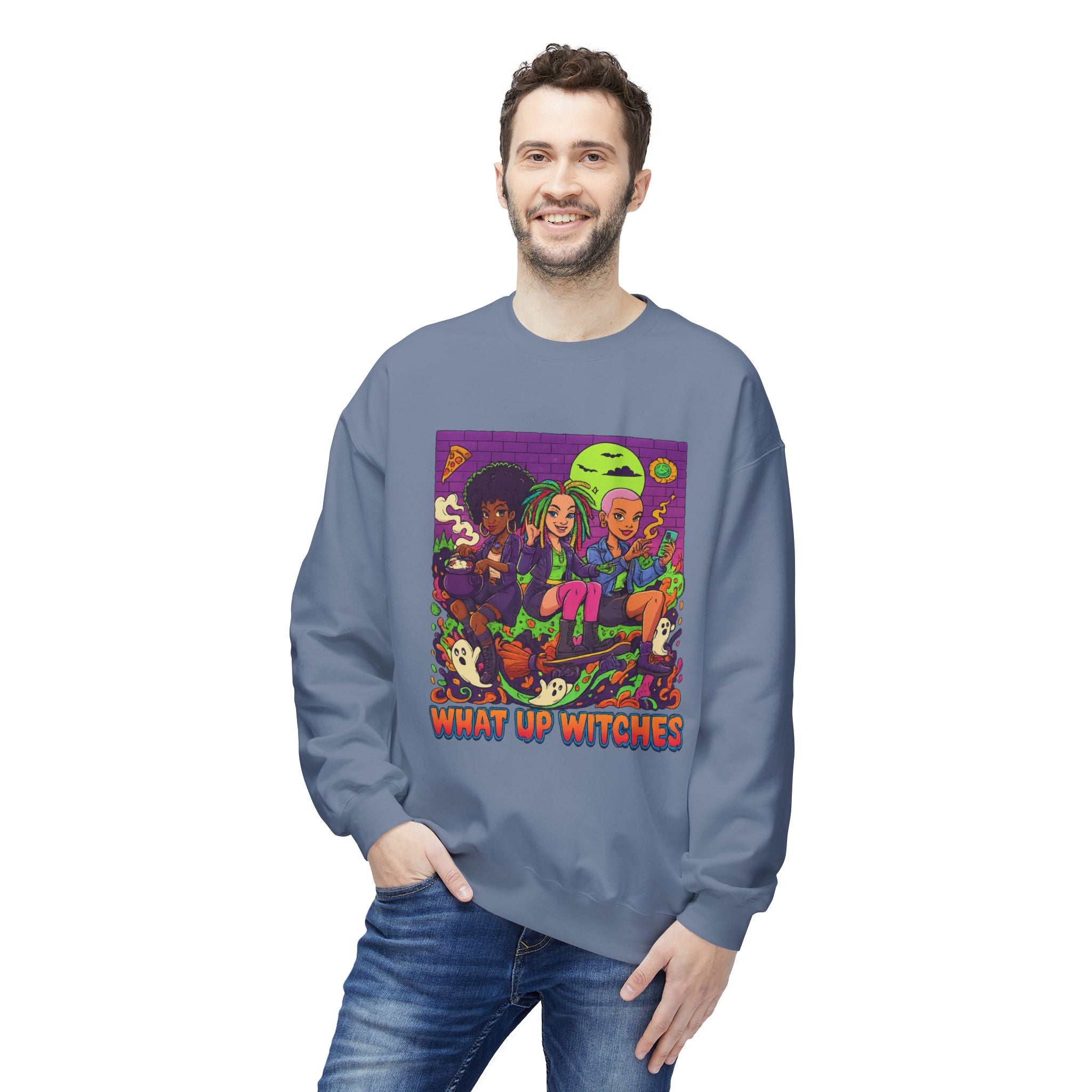 What Up Witches 1 - Crewneck Unisex Sweatshirt - Cozy Halloween Apparel