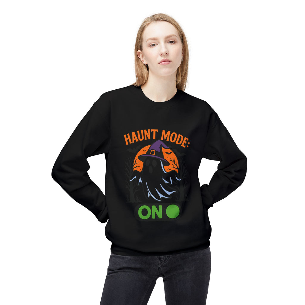 Haunt Mode ON 3_White - Crewneck Unisex Sweatshirt - Cozy Halloween Apparel