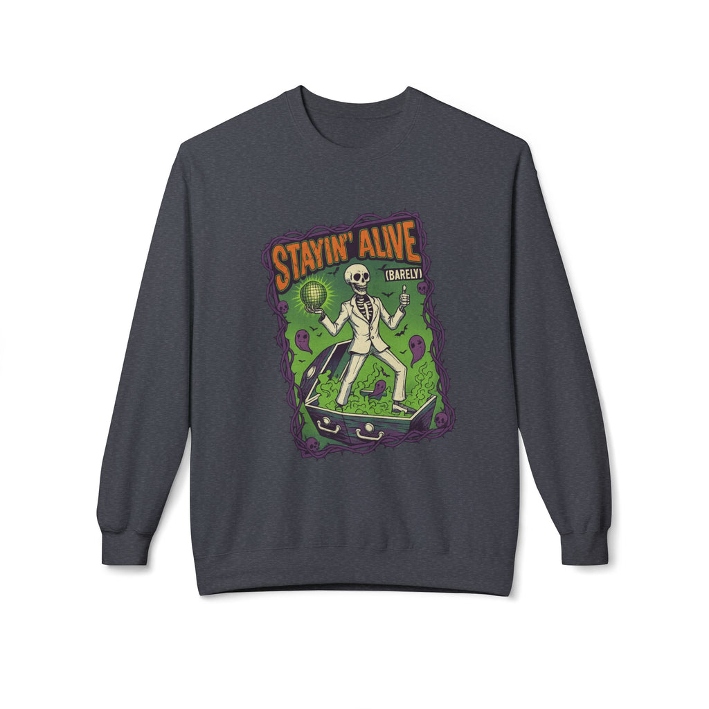 Stayin’ Alive (Barely) 1 - Crewneck Unisex Sweatshirt - Cozy Halloween Apparel