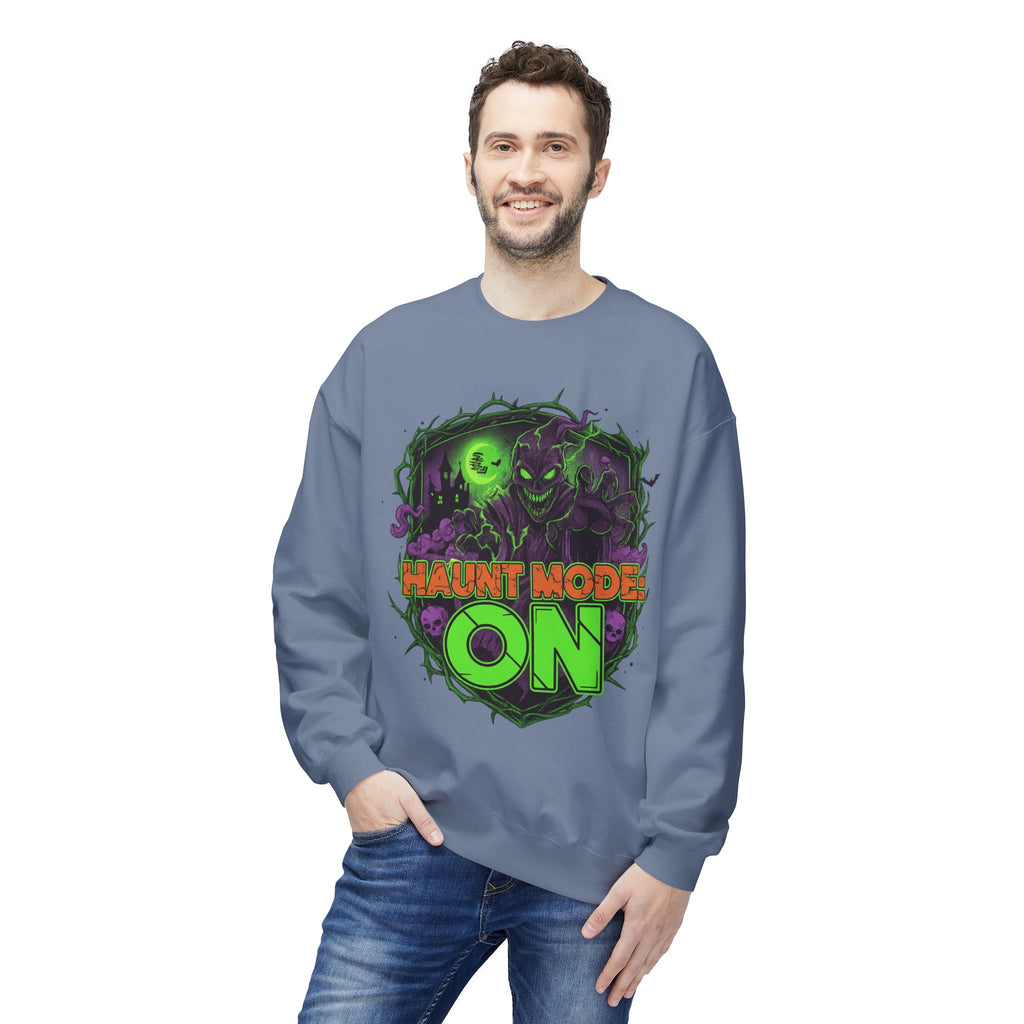 Haunt Mode ON 1 - Crewneck Unisex Sweatshirt - Cozy Halloween Apparel