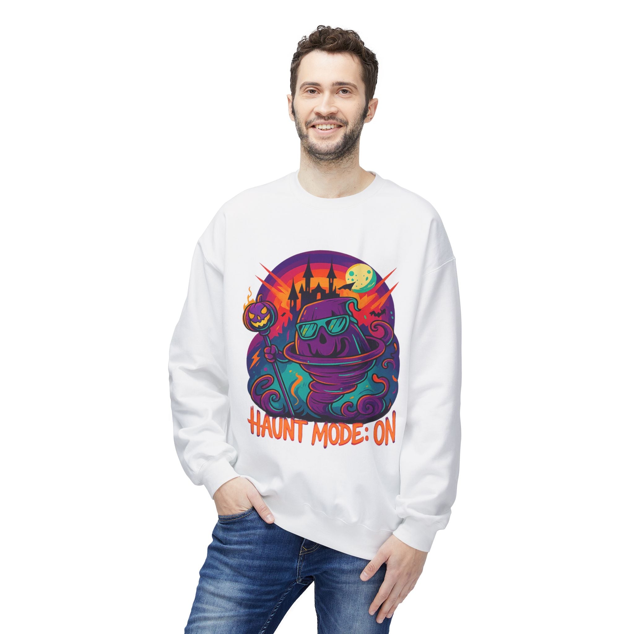Haunt Mode ON 4 - Crewneck Unisex Sweatshirt - Cozy Halloween Apparel
