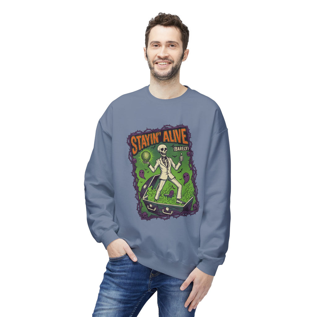 Stayin’ Alive (Barely) 1 - Crewneck Unisex Sweatshirt - Cozy Halloween Apparel