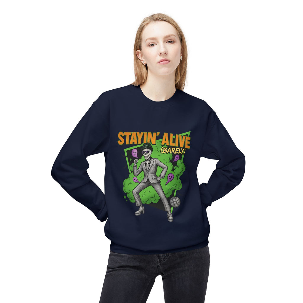 Stayin’ Alive (Barely) 2 - Crewneck Unisex Sweatshirt - Cozy Halloween Apparel
