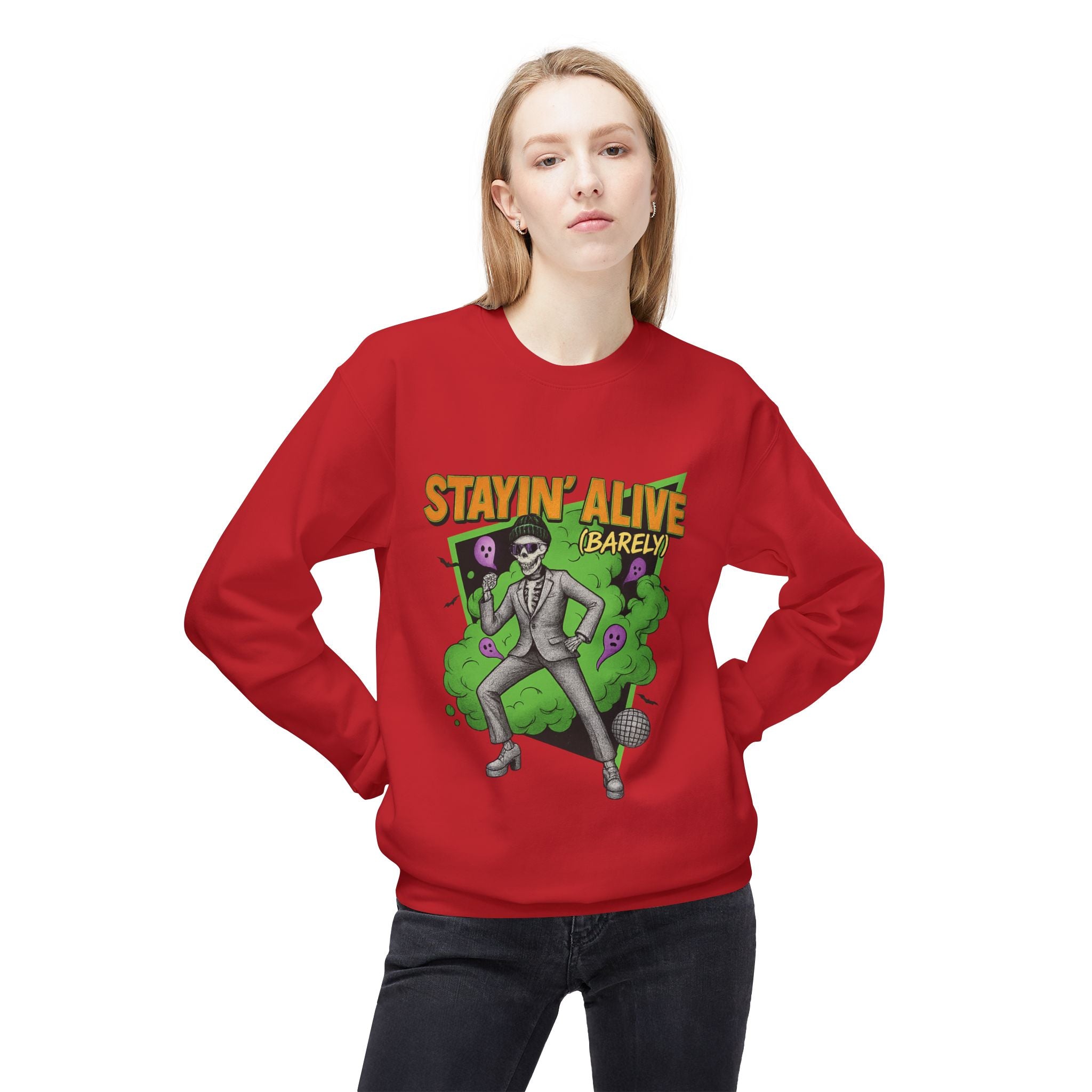 Stayin’ Alive (Barely) 2 - Crewneck Unisex Sweatshirt - Cozy Halloween Apparel