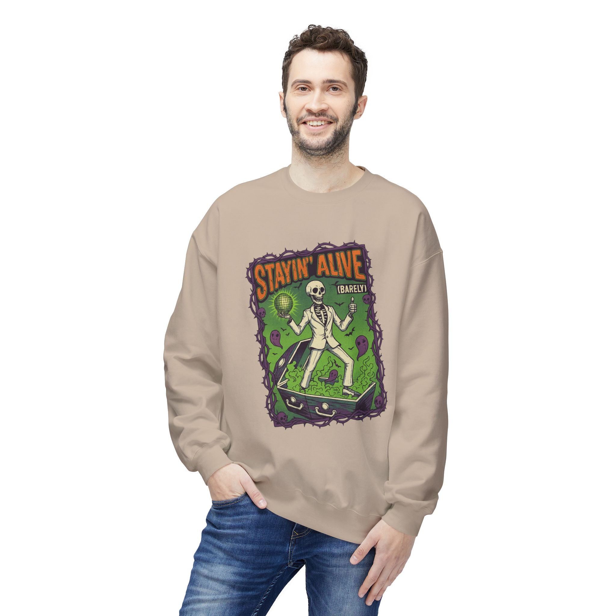 Stayin’ Alive (Barely) 1 - Crewneck Unisex Sweatshirt - Cozy Halloween Apparel