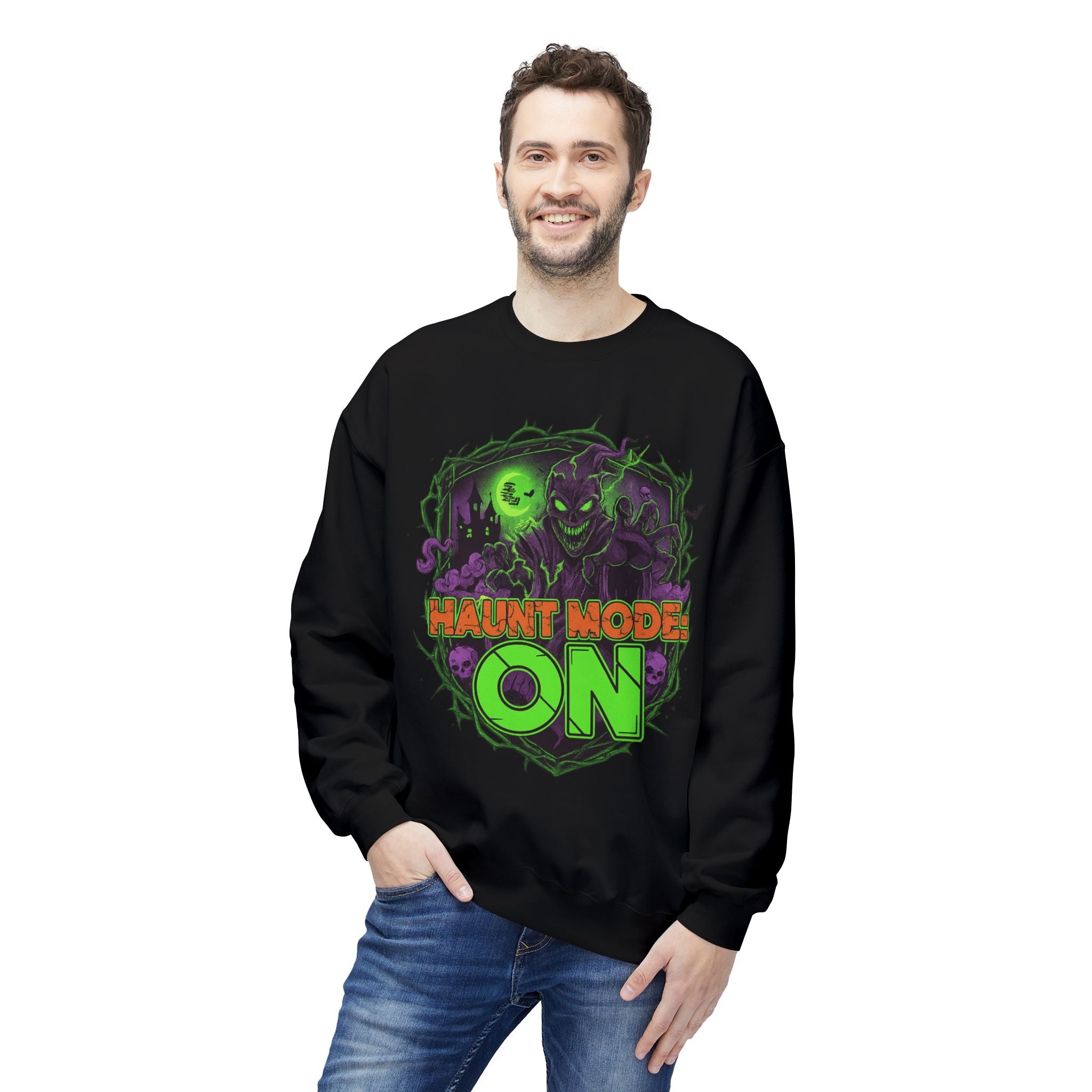 Haunt Mode ON 1 - Crewneck Unisex Sweatshirt - Cozy Halloween Apparel