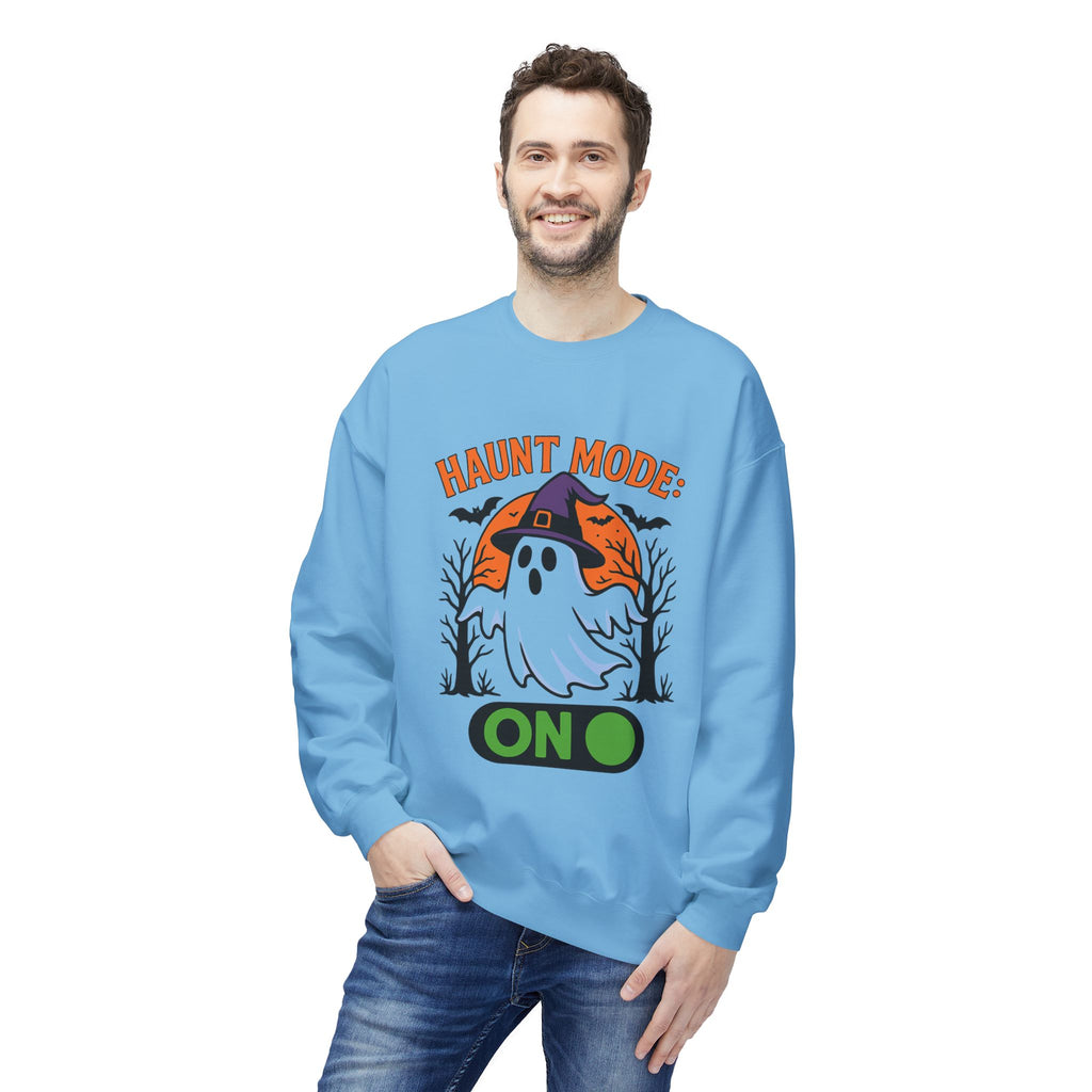 Haunt Mode ON 3_White - Crewneck Unisex Sweatshirt - Cozy Halloween Apparel