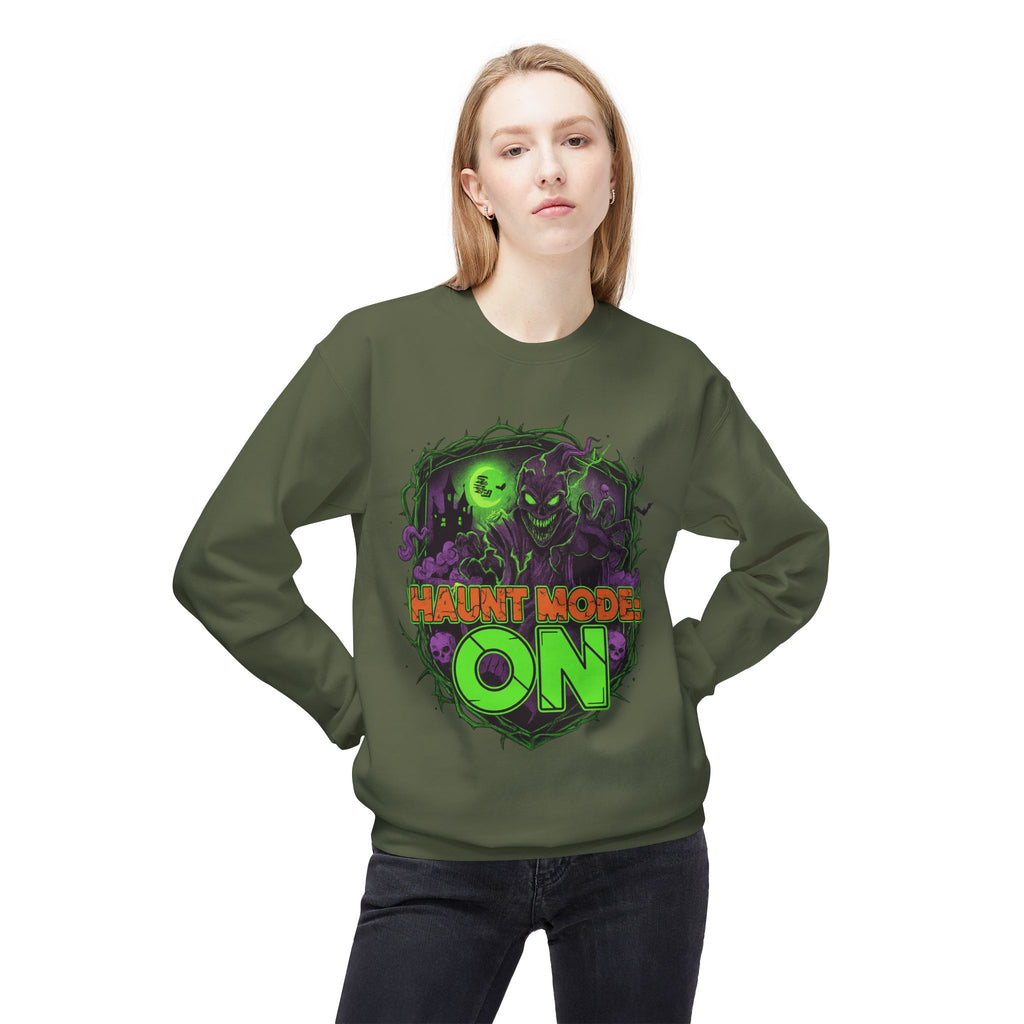 Haunt Mode ON 1 - Crewneck Unisex Sweatshirt - Cozy Halloween Apparel