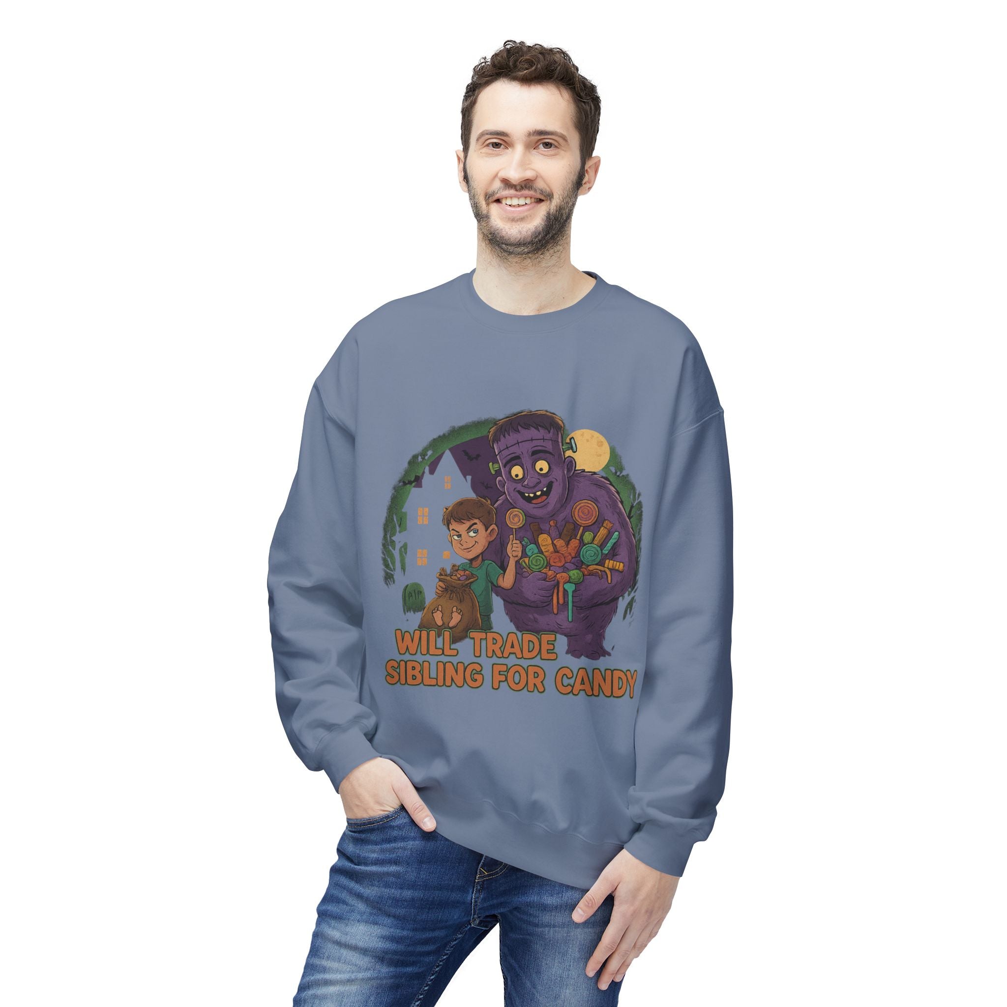Will Trade Sibling for Candy 1 - Crewneck Unisex Sweatshirt - Cozy Halloween Apparel