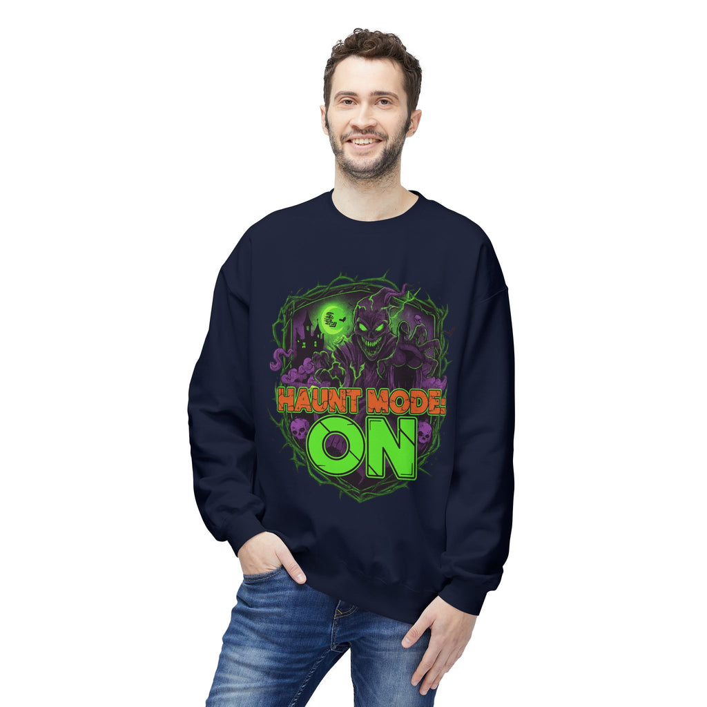 Haunt Mode ON 1 - Crewneck Unisex Sweatshirt - Cozy Halloween Apparel