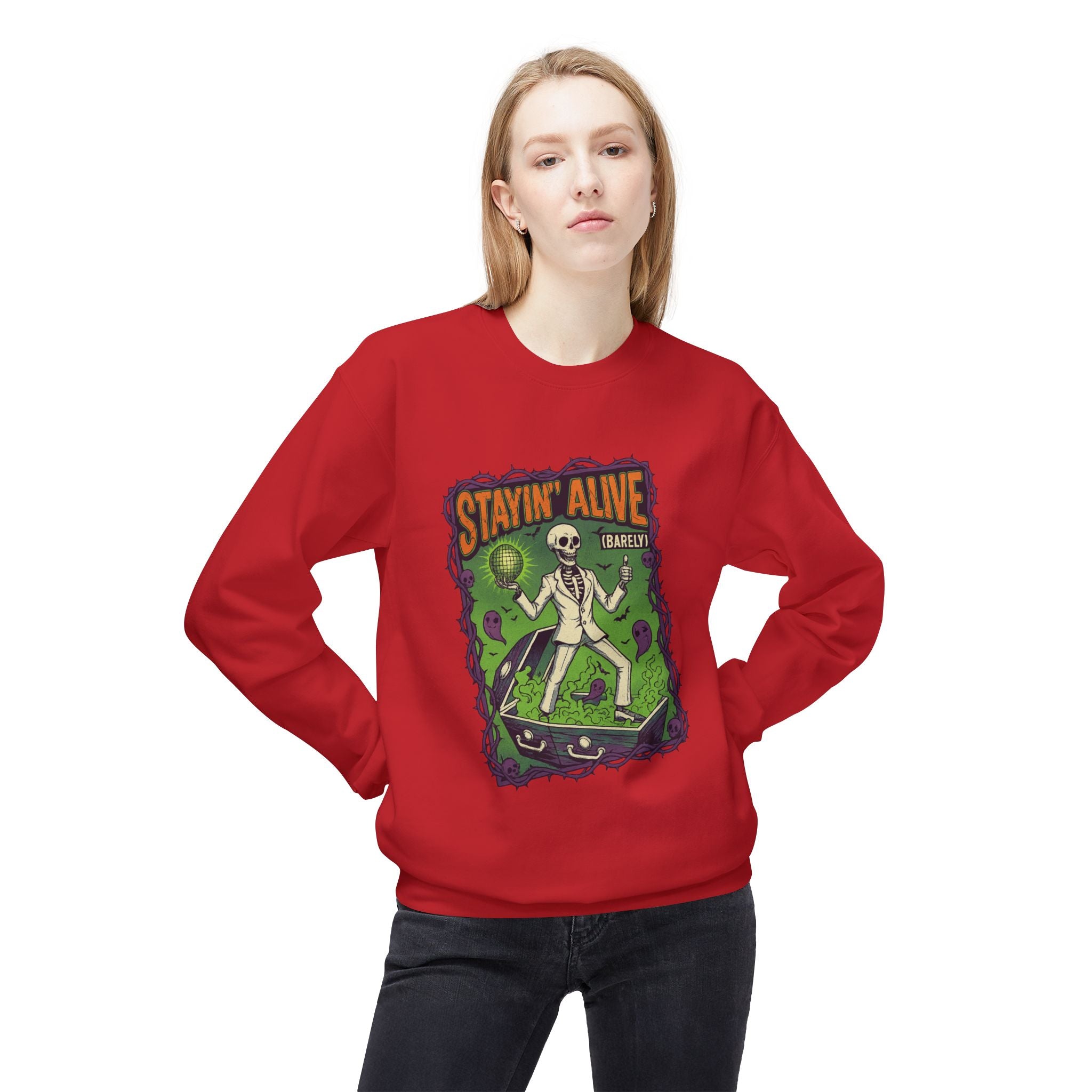 Stayin’ Alive (Barely) 1 - Crewneck Unisex Sweatshirt - Cozy Halloween Apparel