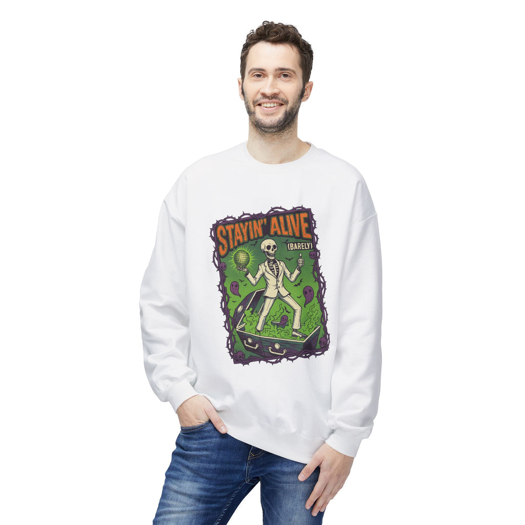 Stayin’ Alive (Barely) 1 - Crewneck Unisex Sweatshirt - Cozy Halloween Apparel