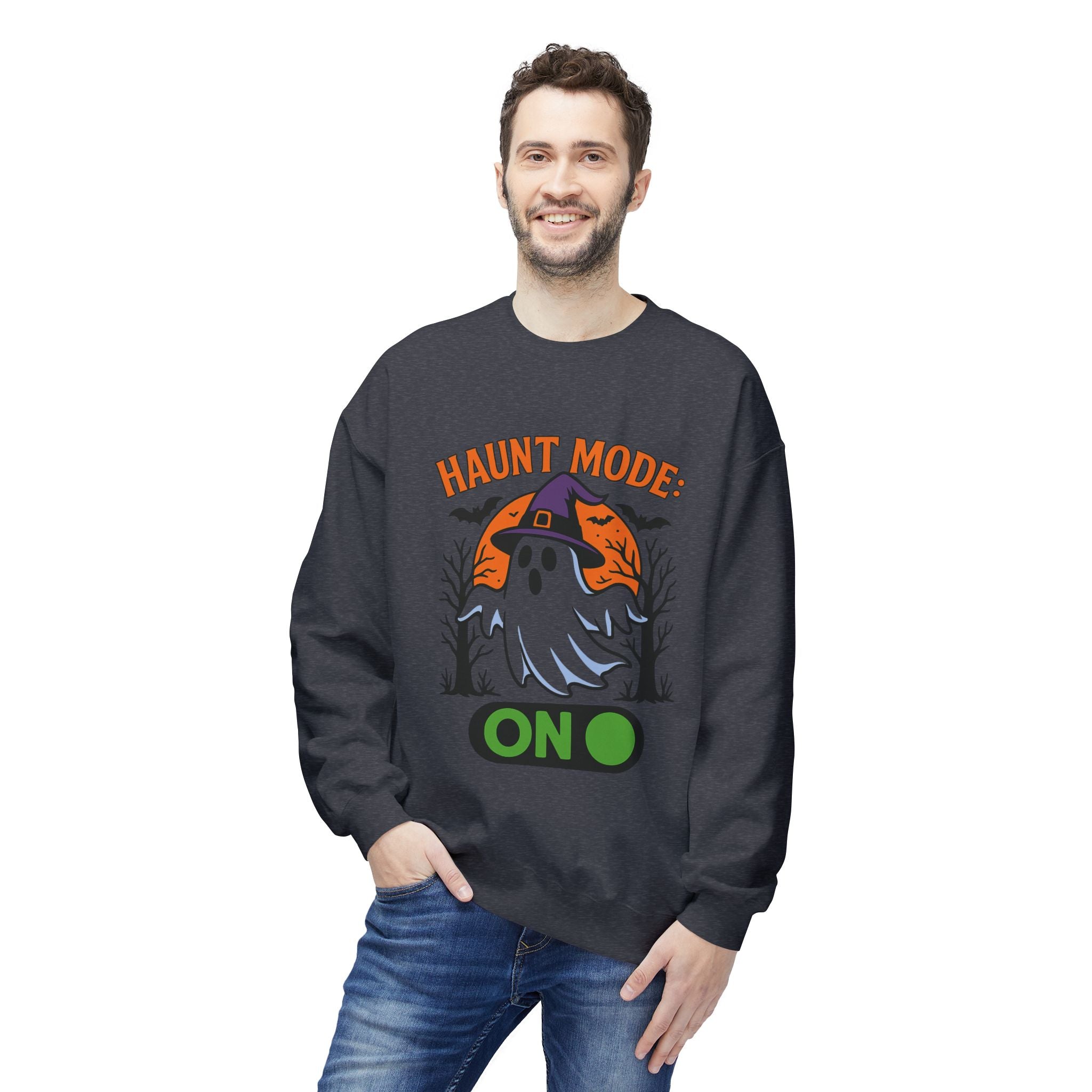 Haunt Mode ON 3_White - Crewneck Unisex Sweatshirt - Cozy Halloween Apparel