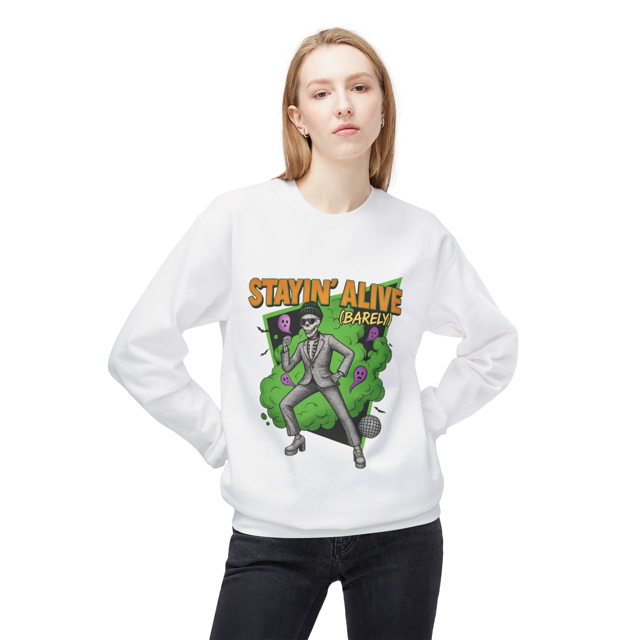 Stayin’ Alive (Barely) 2 - Crewneck Unisex Sweatshirt - Cozy Halloween Apparel