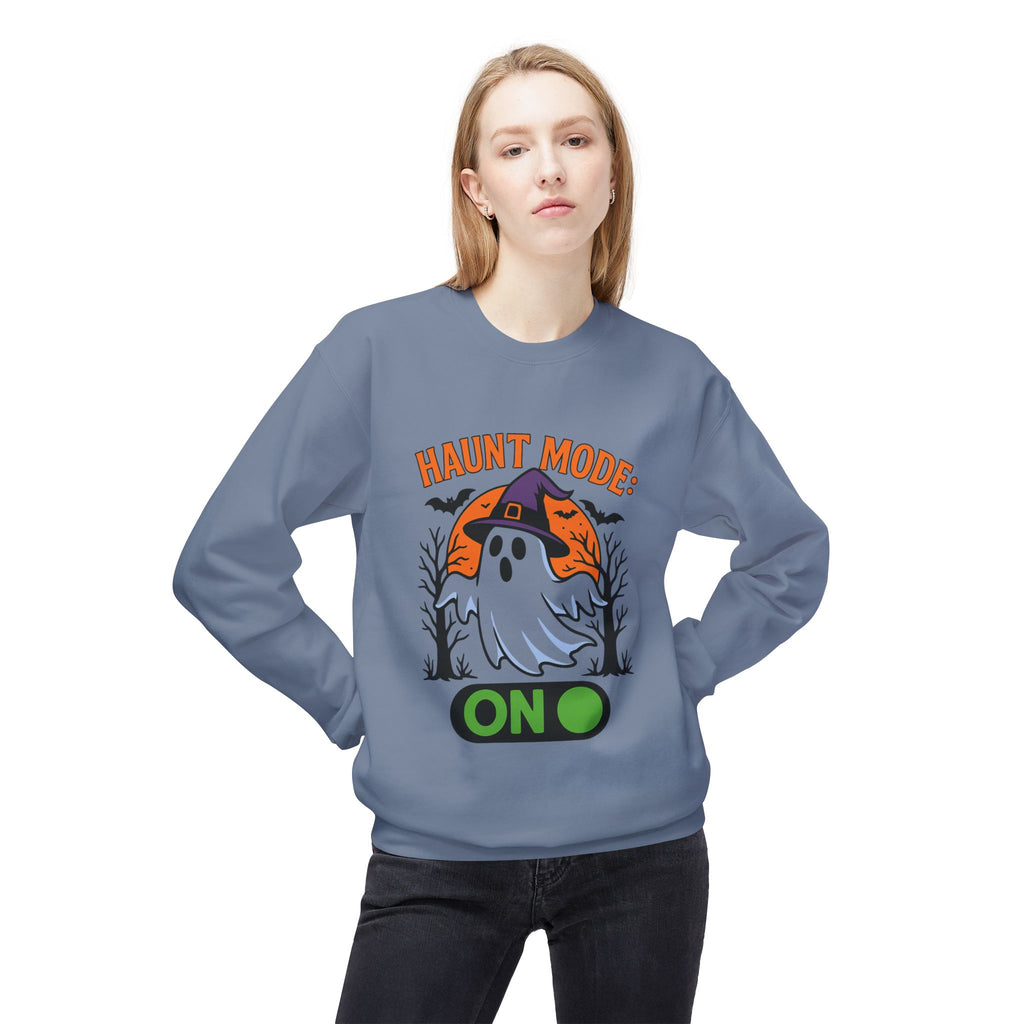 Haunt Mode ON 3_White - Crewneck Unisex Sweatshirt - Cozy Halloween Apparel