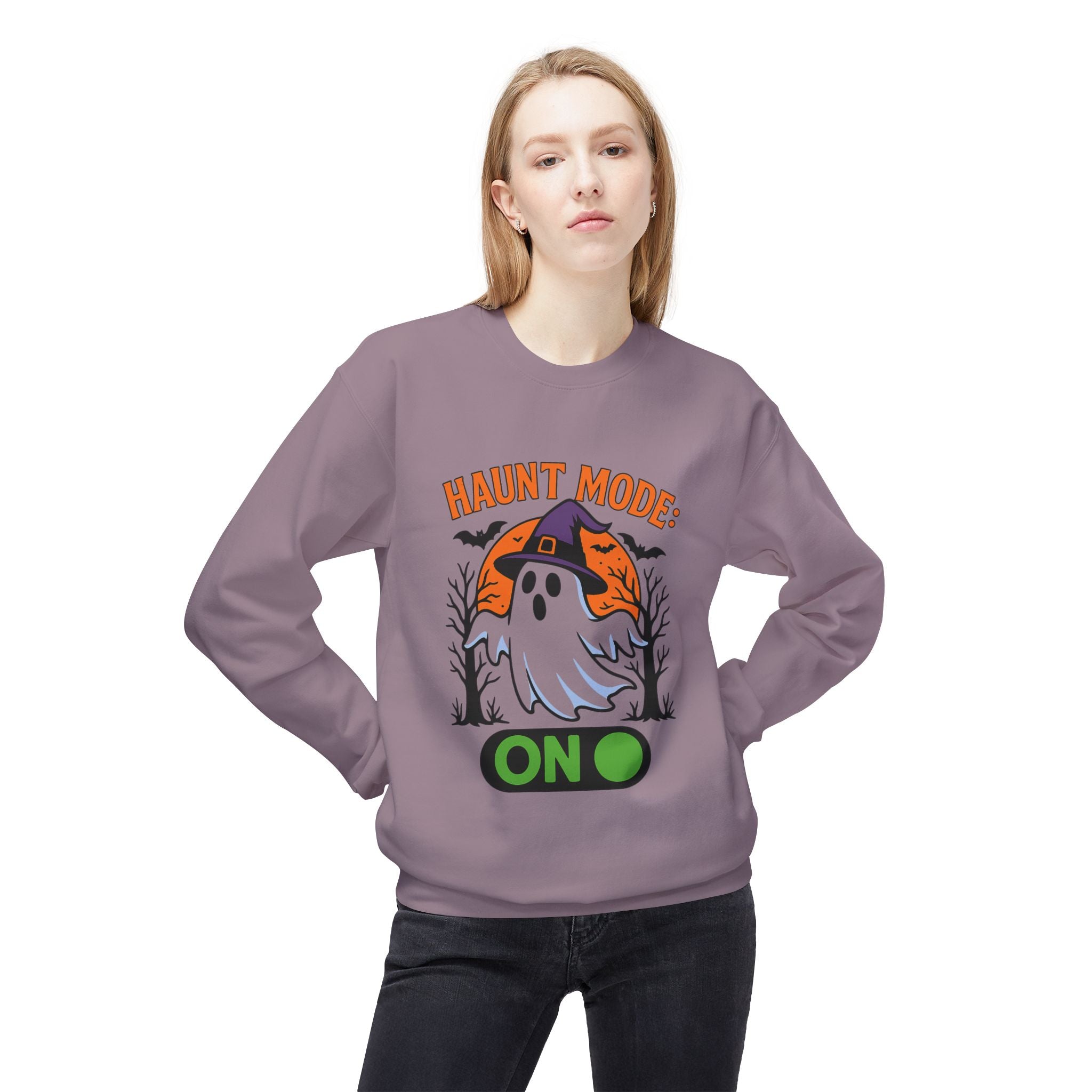 Haunt Mode ON 3_White - Crewneck Unisex Sweatshirt - Cozy Halloween Apparel