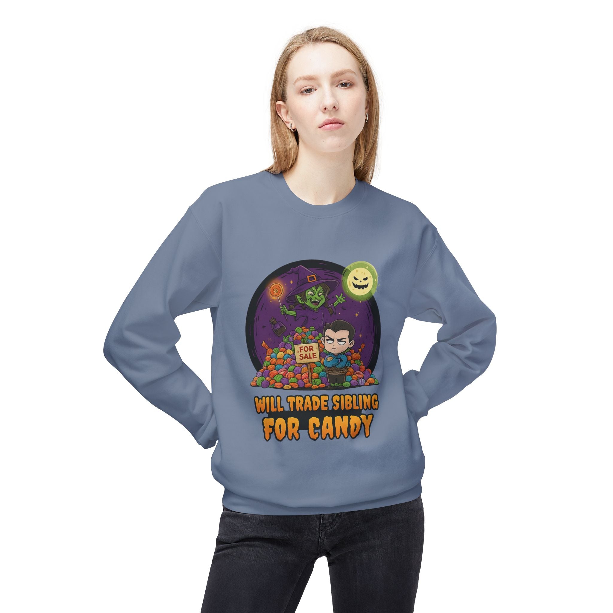 Will Trade Sibling for Candy 2 - Crewneck Unisex Sweatshirt - Cozy Halloween Apparel