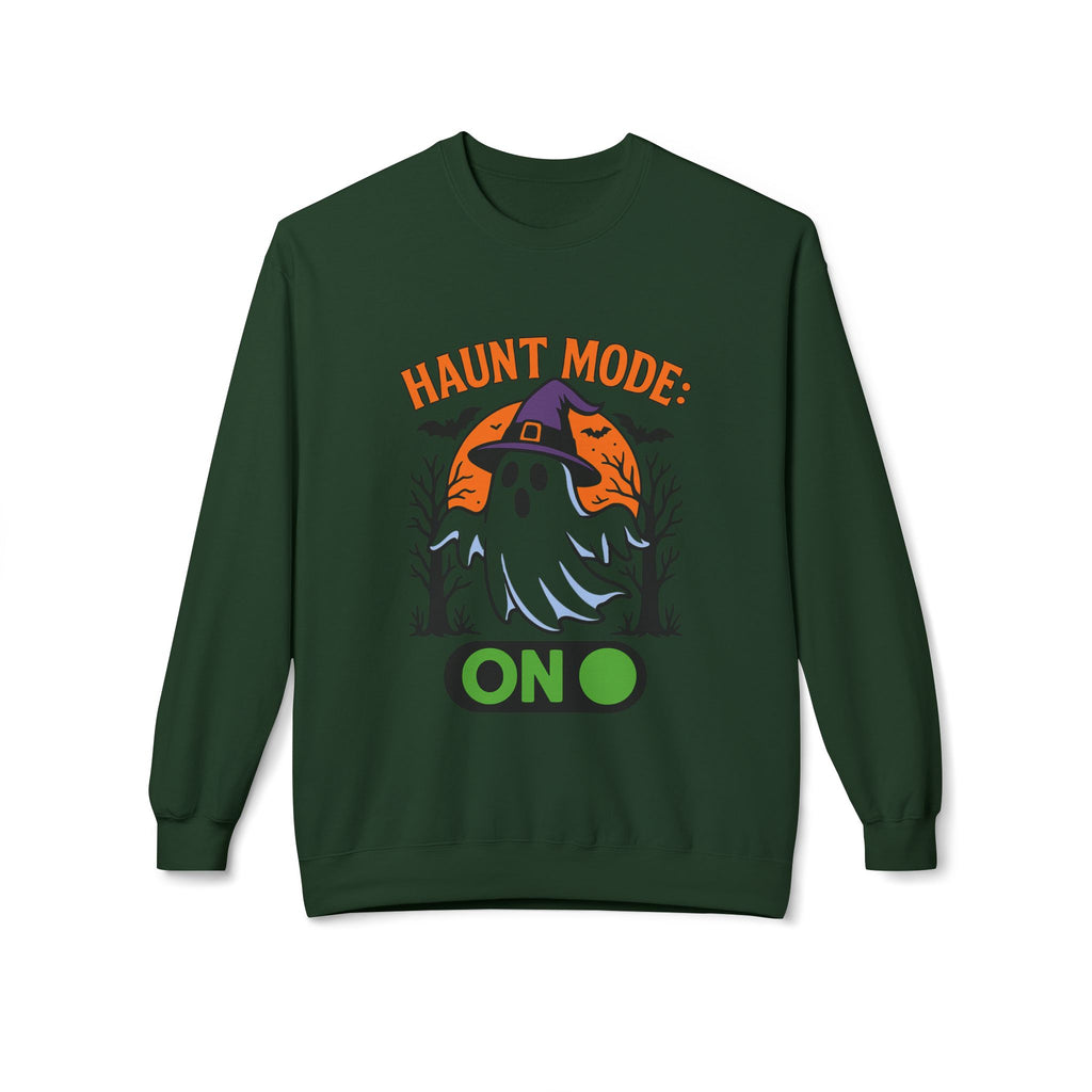 Haunt Mode ON 3_White - Crewneck Unisex Sweatshirt - Cozy Halloween Apparel