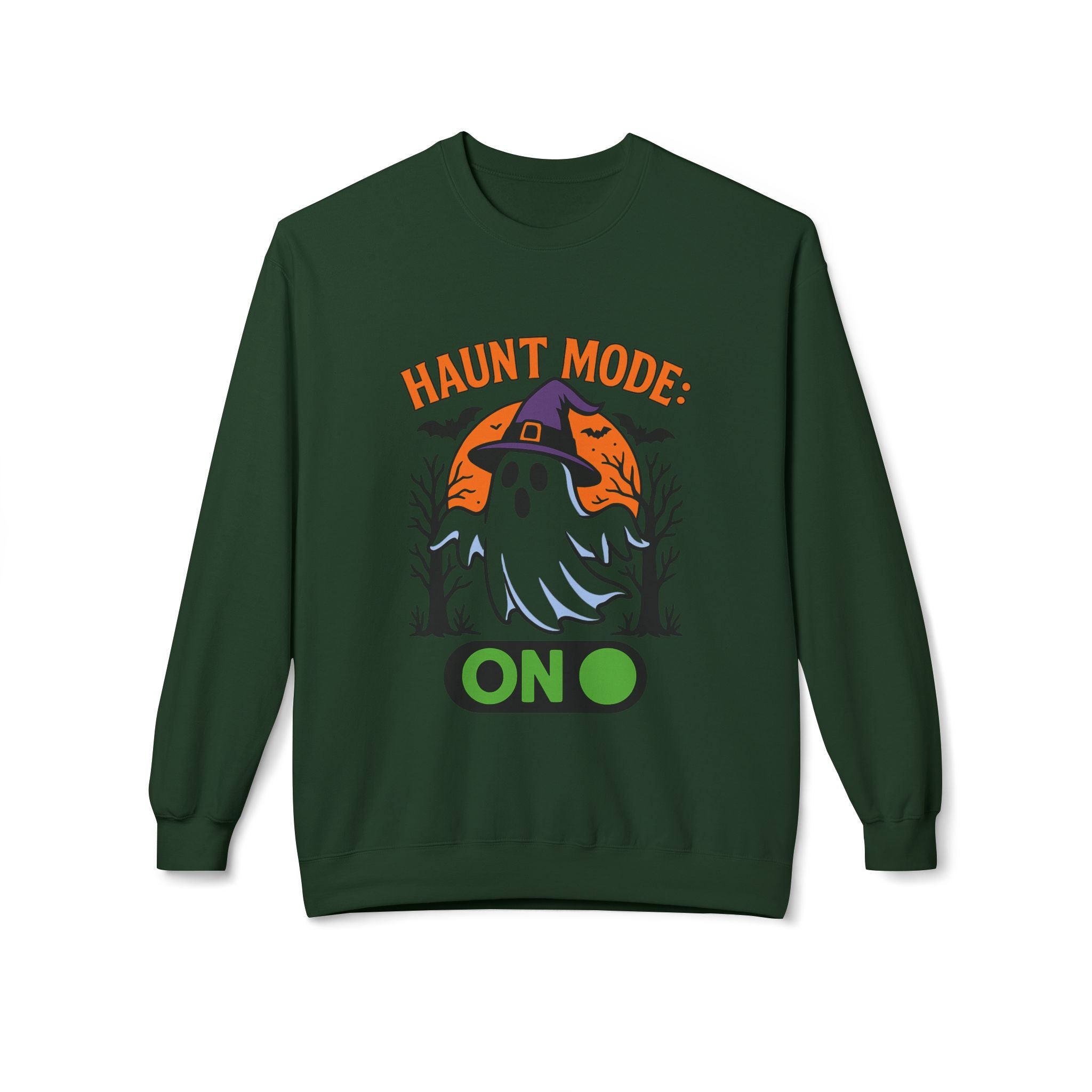 Haunt Mode ON 3_White - Crewneck Unisex Sweatshirt - Cozy Halloween Apparel