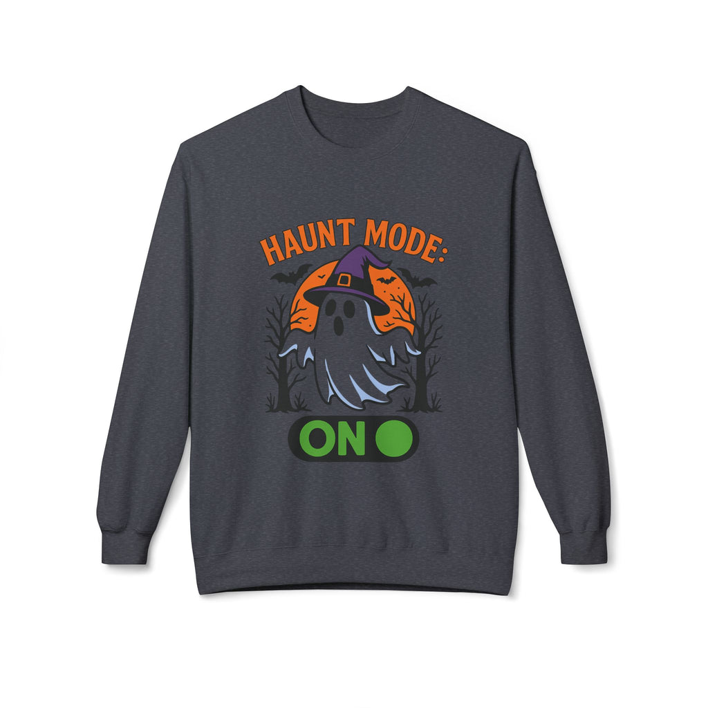 Haunt Mode ON 3_White - Crewneck Unisex Sweatshirt - Cozy Halloween Apparel