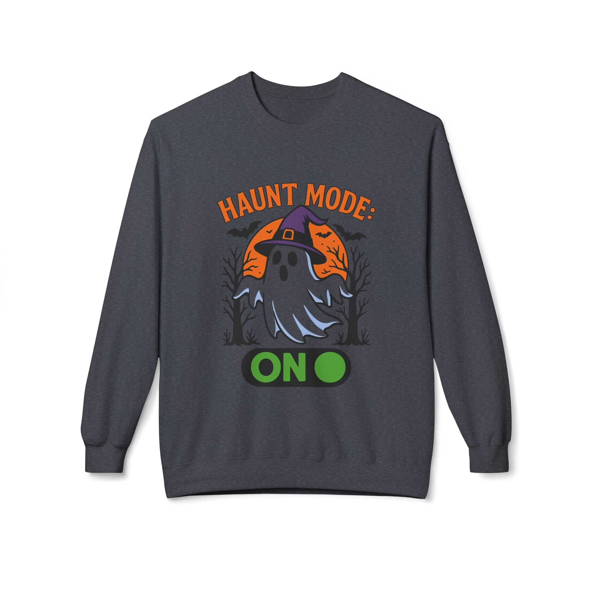 Haunt Mode ON 3_White - Crewneck Unisex Sweatshirt - Cozy Halloween Apparel