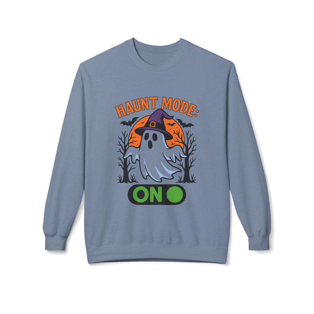 Haunt Mode ON 3_White - Crewneck Unisex Sweatshirt - Cozy Halloween Apparel