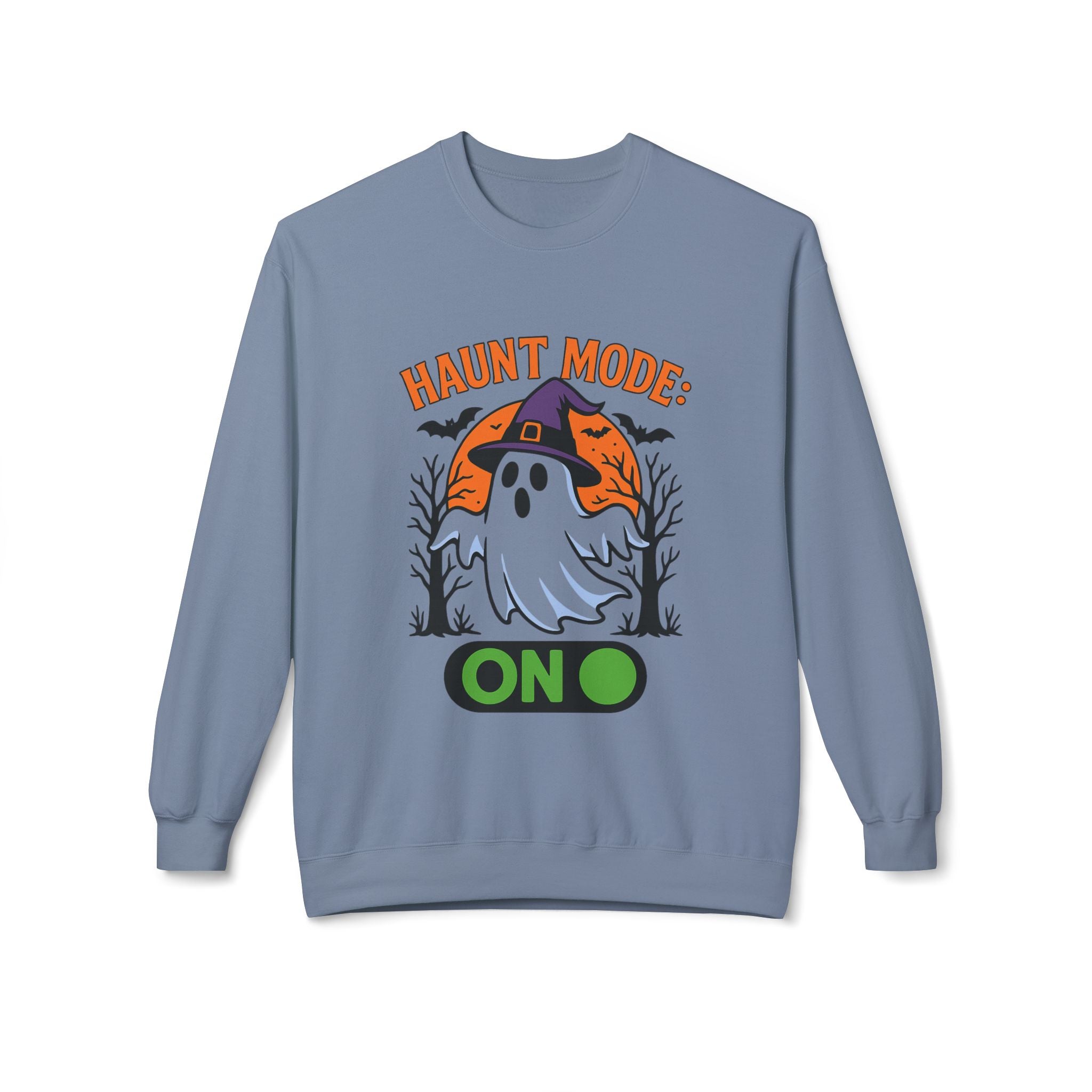 Haunt Mode ON 3_White - Crewneck Unisex Sweatshirt - Cozy Halloween Apparel