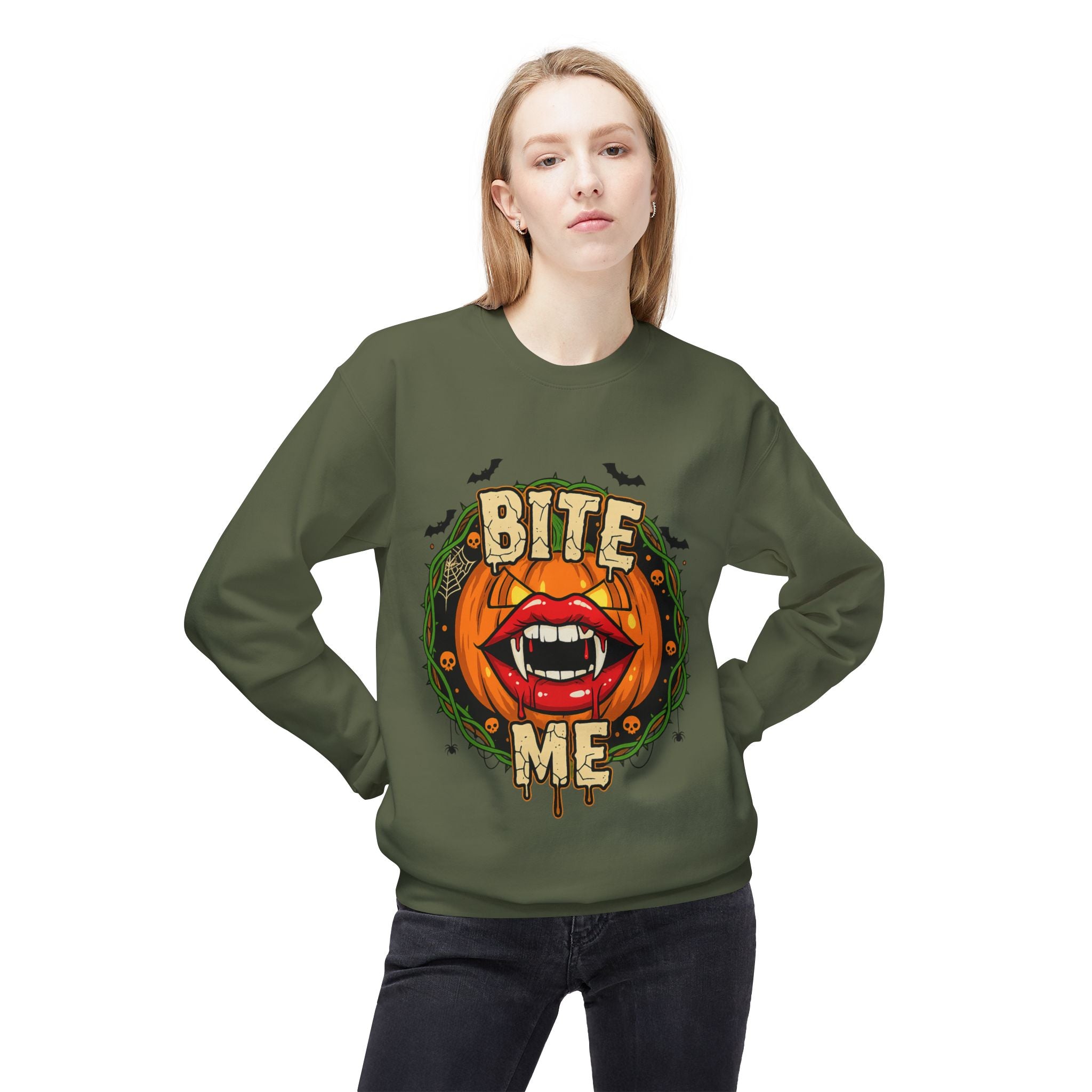 Bite Me 1 - Gothic Witch Crewneck Unisex Sweatshirt - Cozy Halloween Apparel