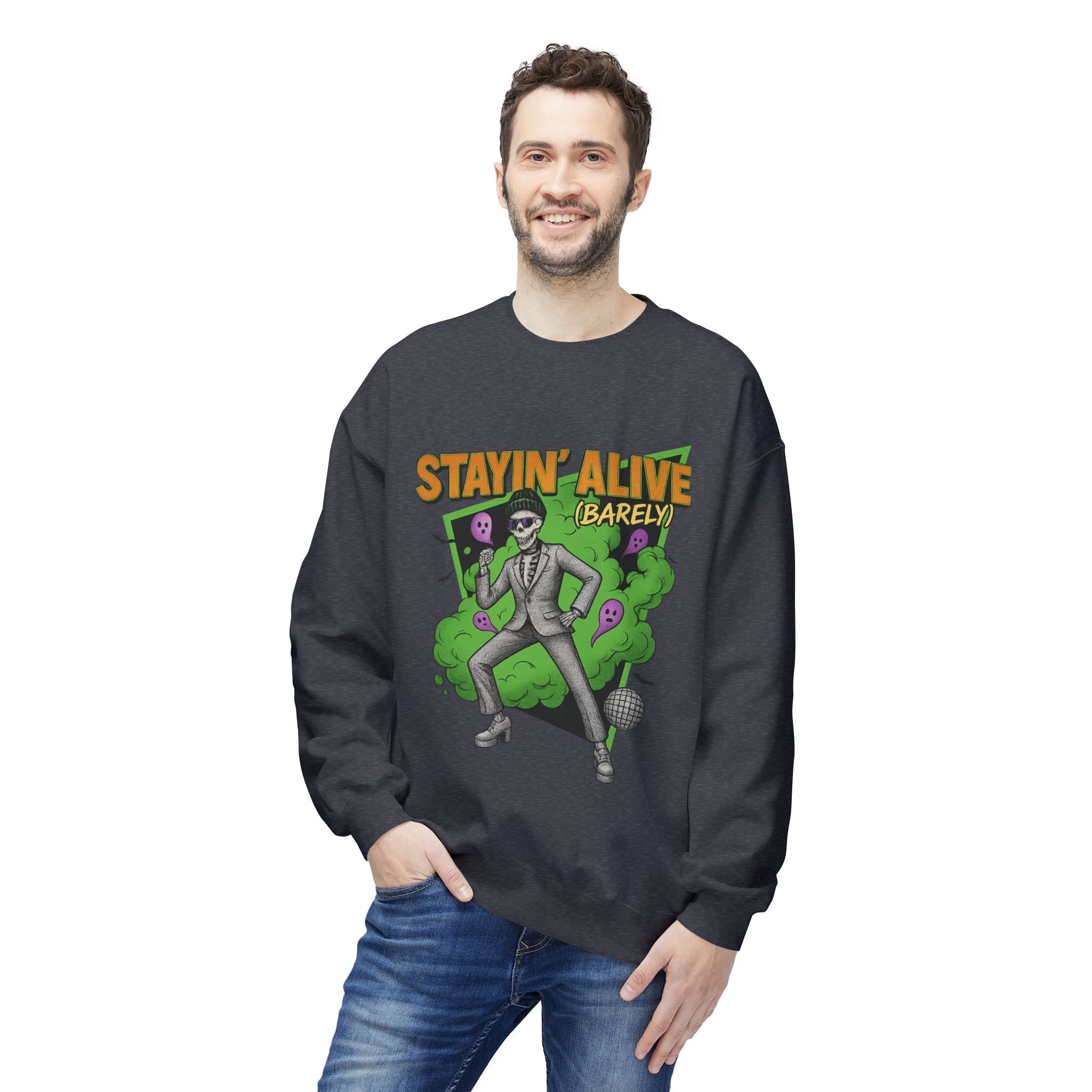 Stayin’ Alive (Barely) 2 - Crewneck Unisex Sweatshirt - Cozy Halloween Apparel