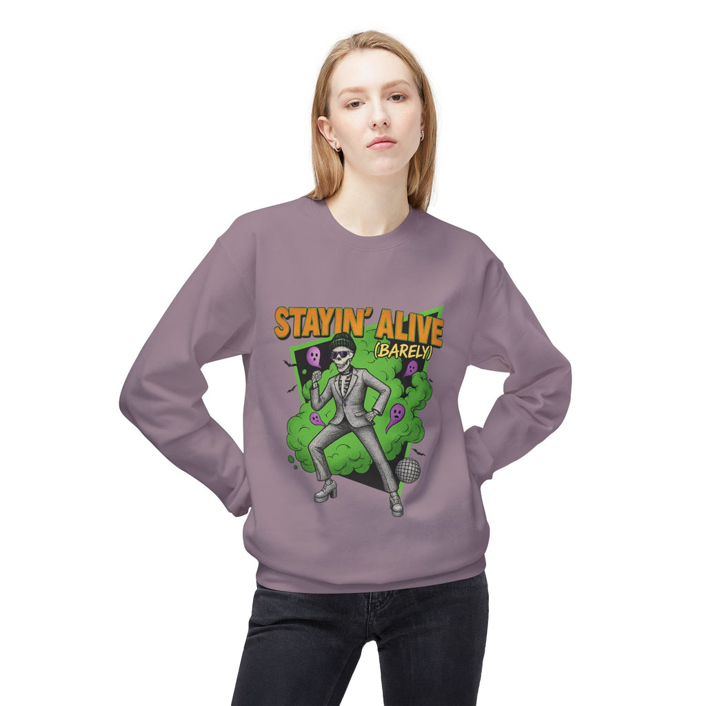 Stayin’ Alive (Barely) 2 - Crewneck Unisex Sweatshirt - Cozy Halloween Apparel