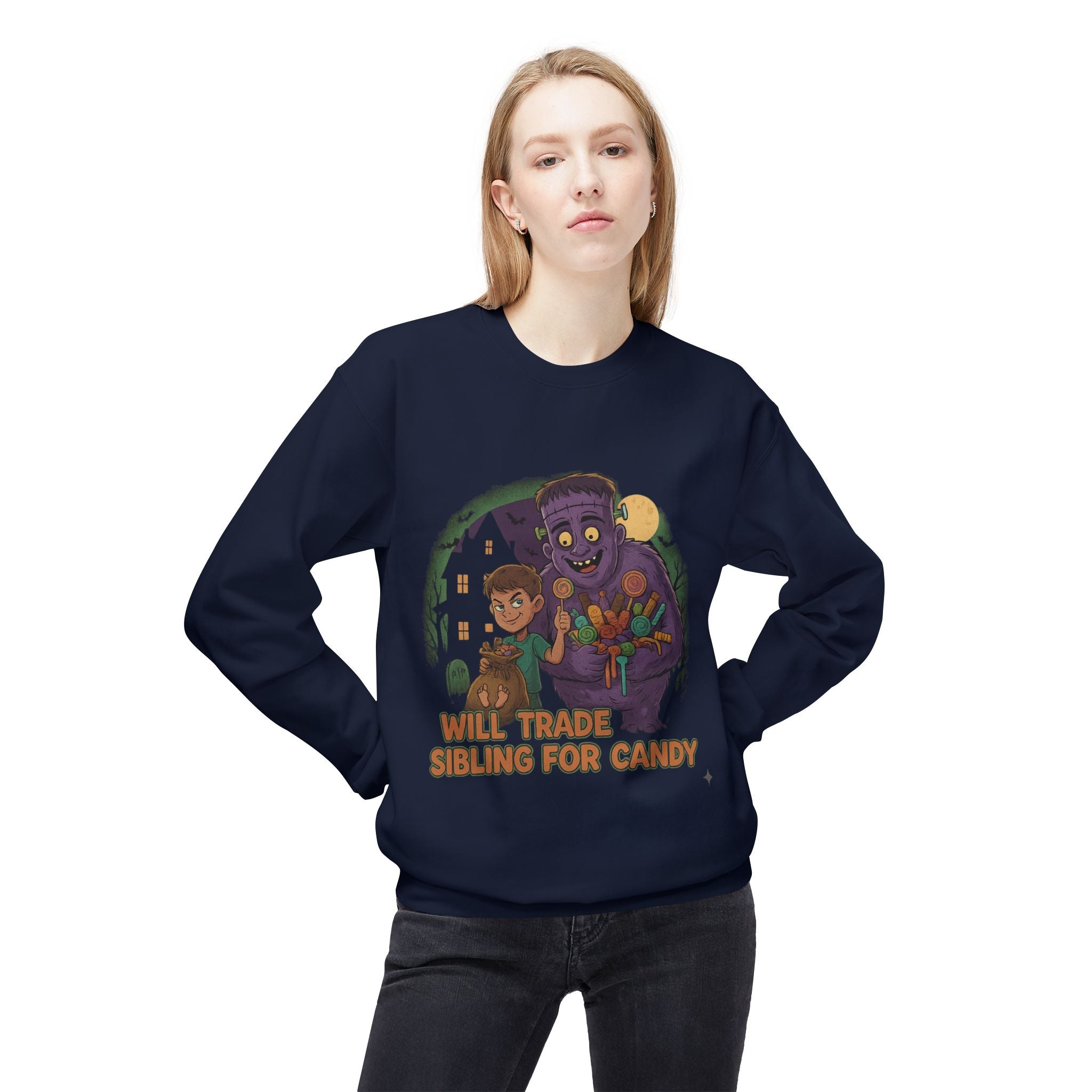 Will Trade Sibling for Candy 1 - Crewneck Unisex Sweatshirt - Cozy Halloween Apparel
