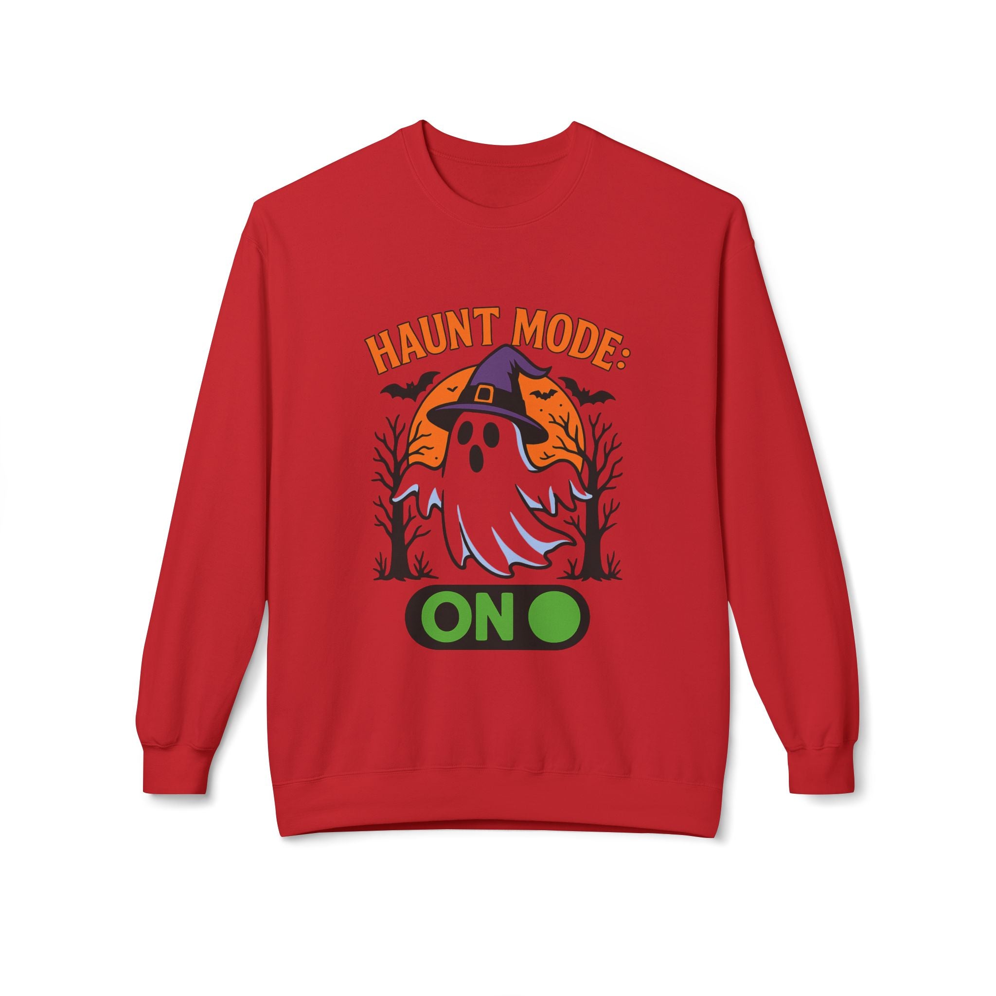 Haunt Mode ON 3_White - Crewneck Unisex Sweatshirt - Cozy Halloween Apparel