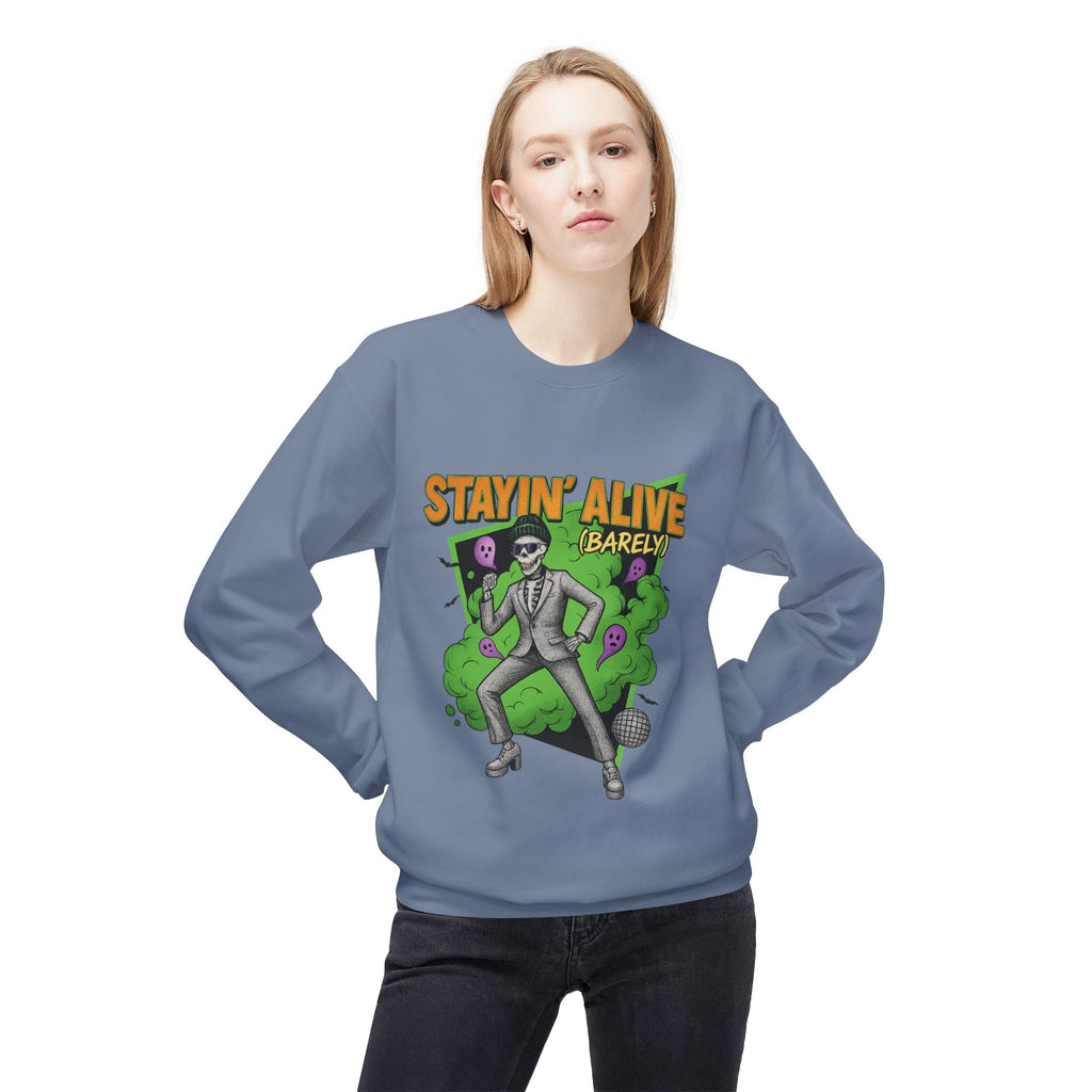 Stayin’ Alive (Barely) 2 - Crewneck Unisex Sweatshirt - Cozy Halloween Apparel