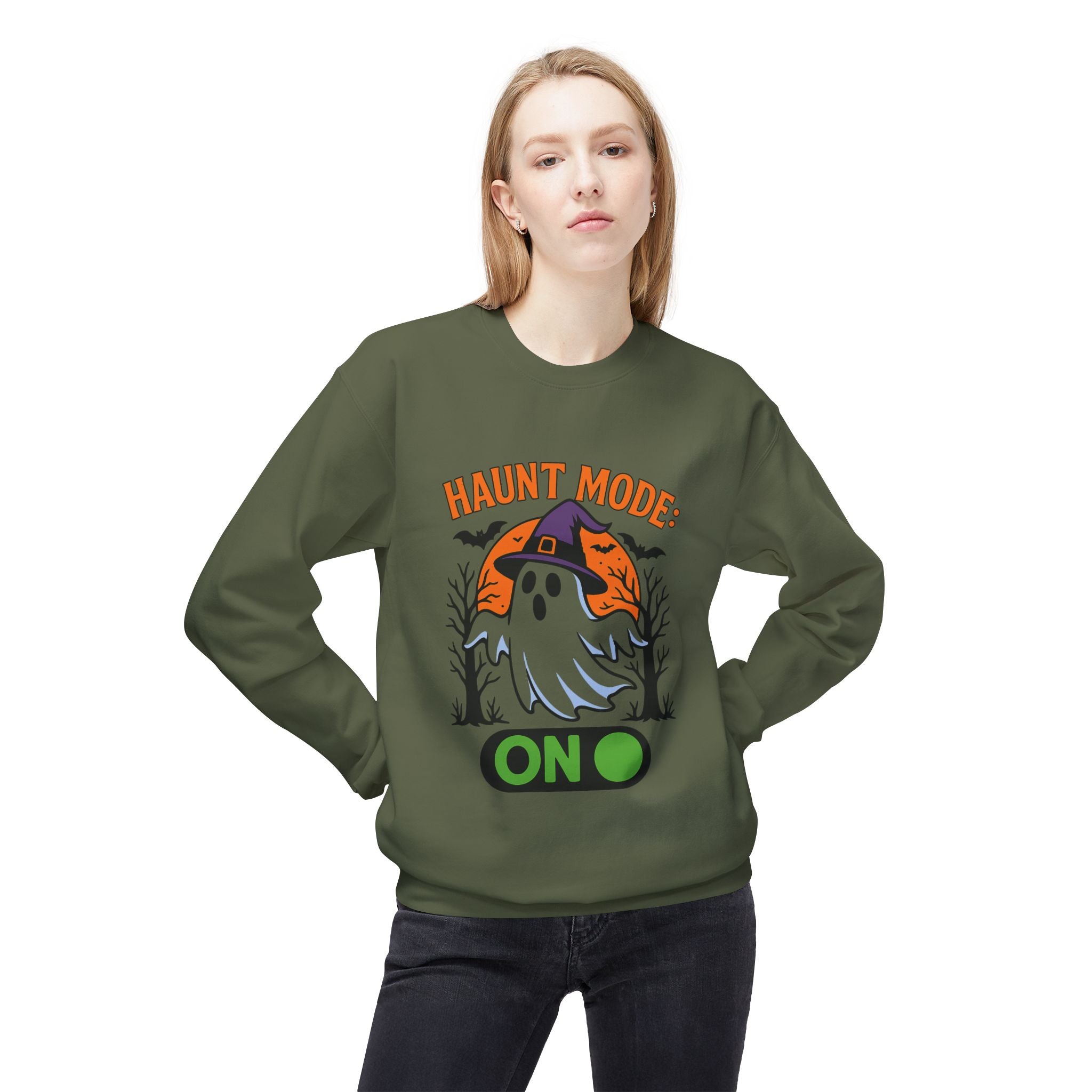 Haunt Mode ON 3_White - Crewneck Unisex Sweatshirt - Cozy Halloween Apparel